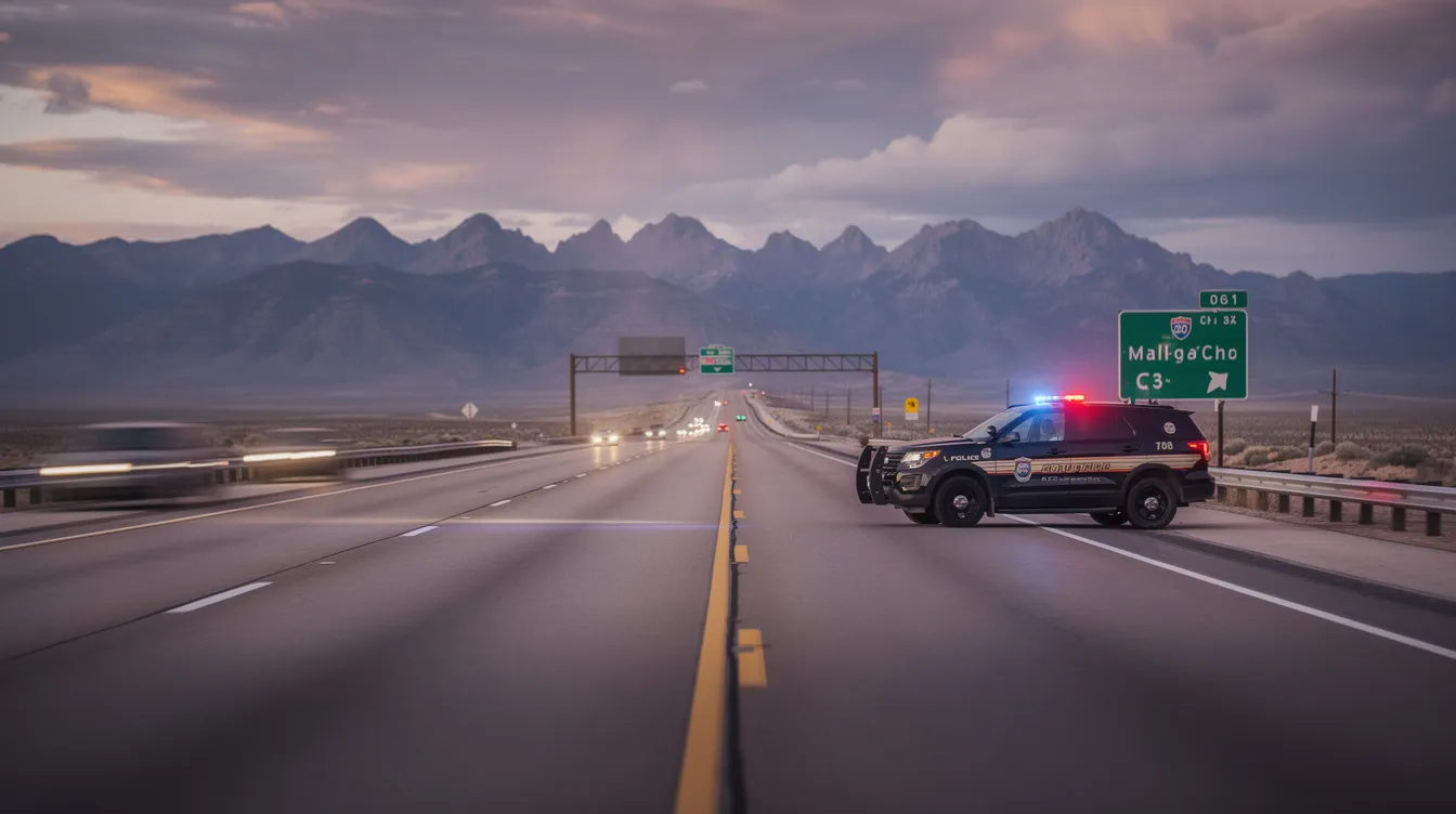 The image depicts a Colorado highway where a police vehicle with flashing emergency lights is visible in the distance, indicating a car accident involving a government entity. The scene suggests the presence of law enforcement responding to the incident, highlighting the importance of safety and legal procedures following such accidents.
