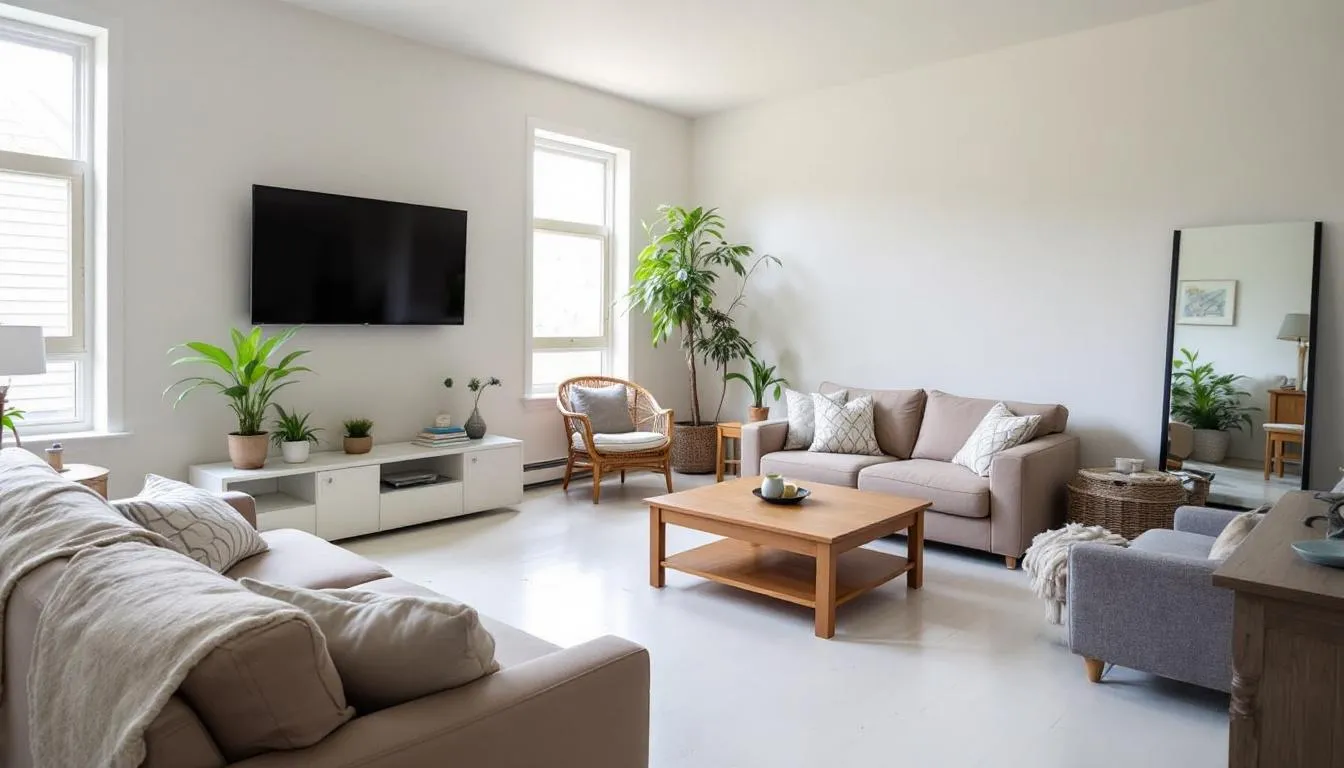The image depicts a clean and organized living room following a professional hoarding cleanup, showcasing a spacious area free of severe clutter and trash. The transformation highlights the effectiveness of cleaning services, providing a sense of hope and relief for families dealing with hoarding situations.