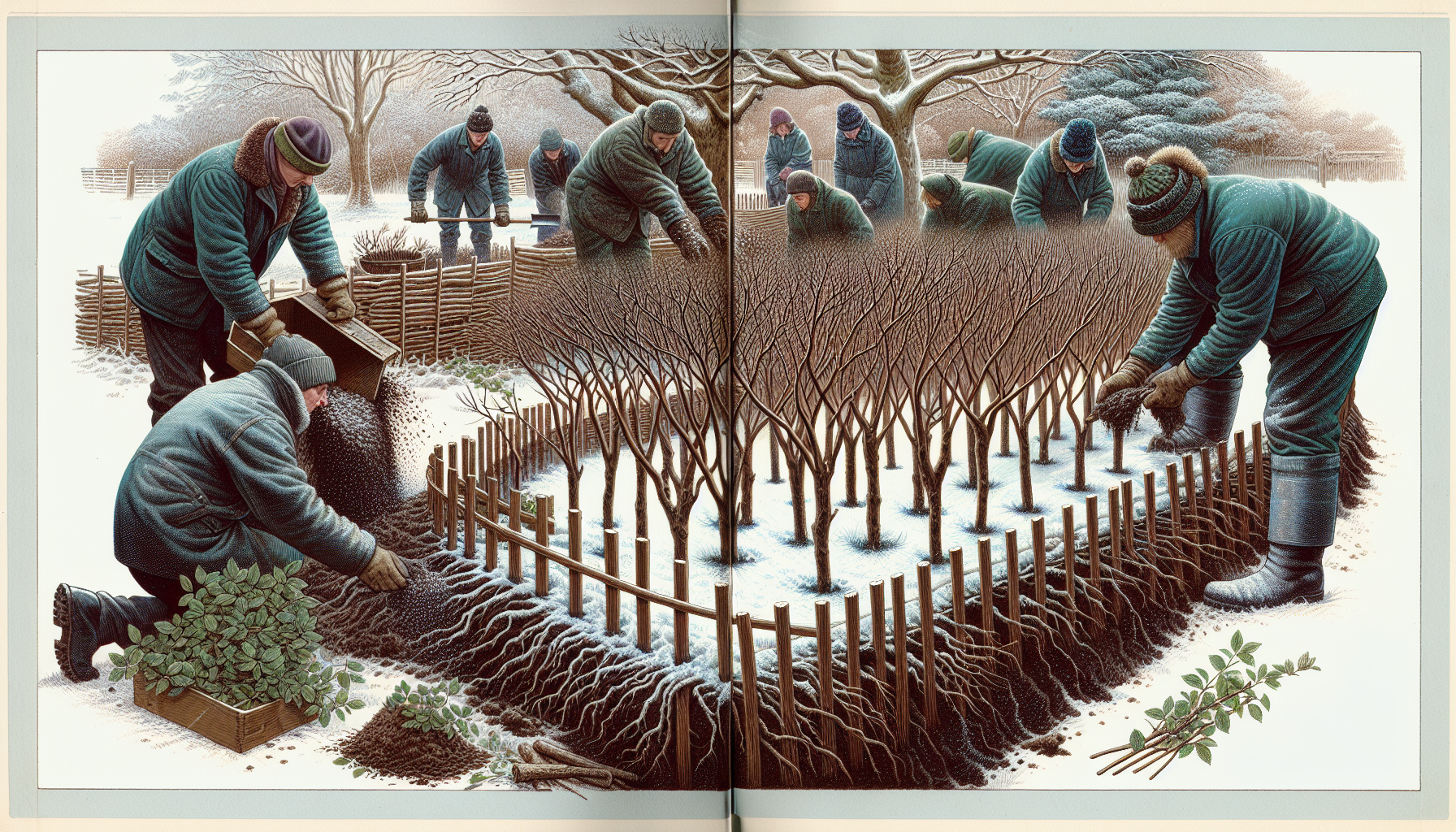 Illustration of planting a wildlife hedge in a garden