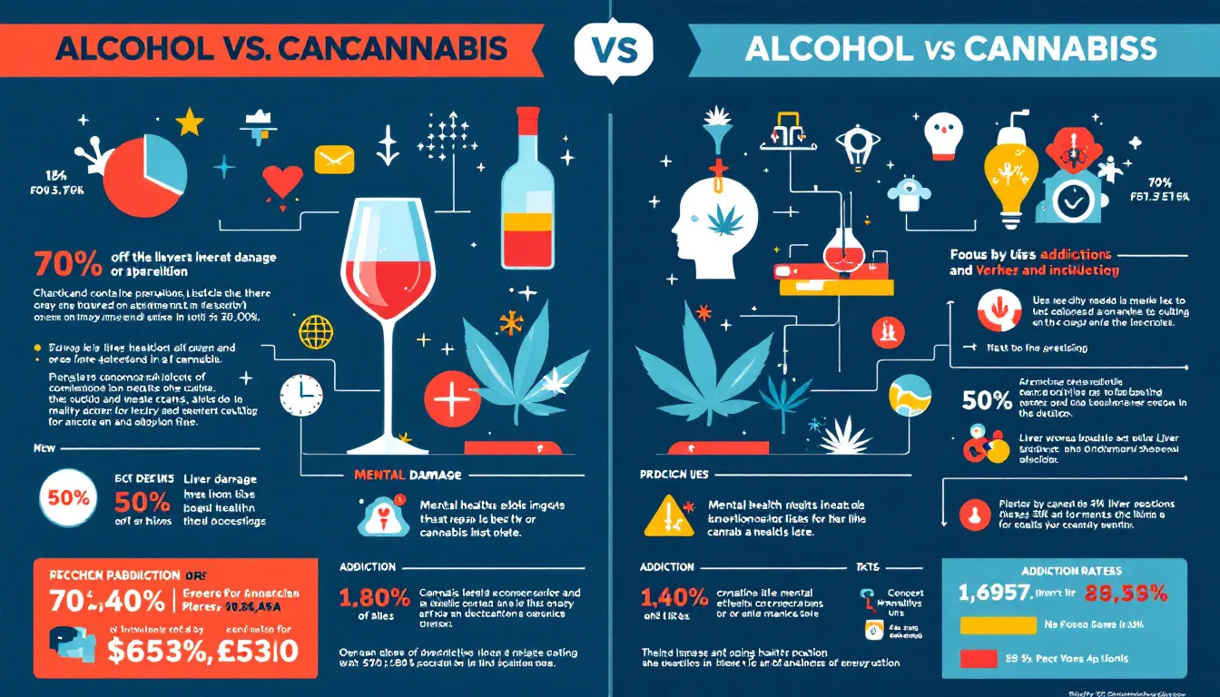 An illustration depicting the health implications of alcohol and cannabis use, showing a comparison of health risks.