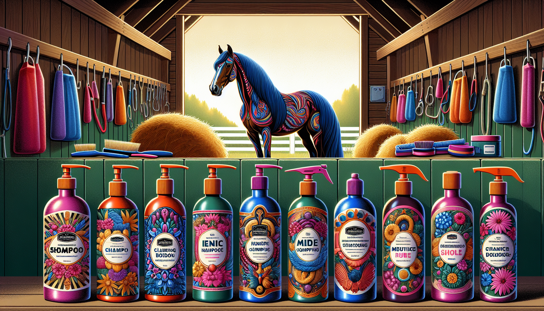 An illustration depicting various types of medicated shampoos for horses.