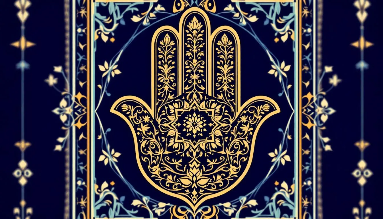 The image features a hamsa hand, an ancient symbol representing protection and blessings, with its five fingers prominently displayed. This powerful symbol is often associated with the evil eye, believed to ward off bad luck and bring good fortune across many cultures, including Jewish and Middle Eastern traditions.