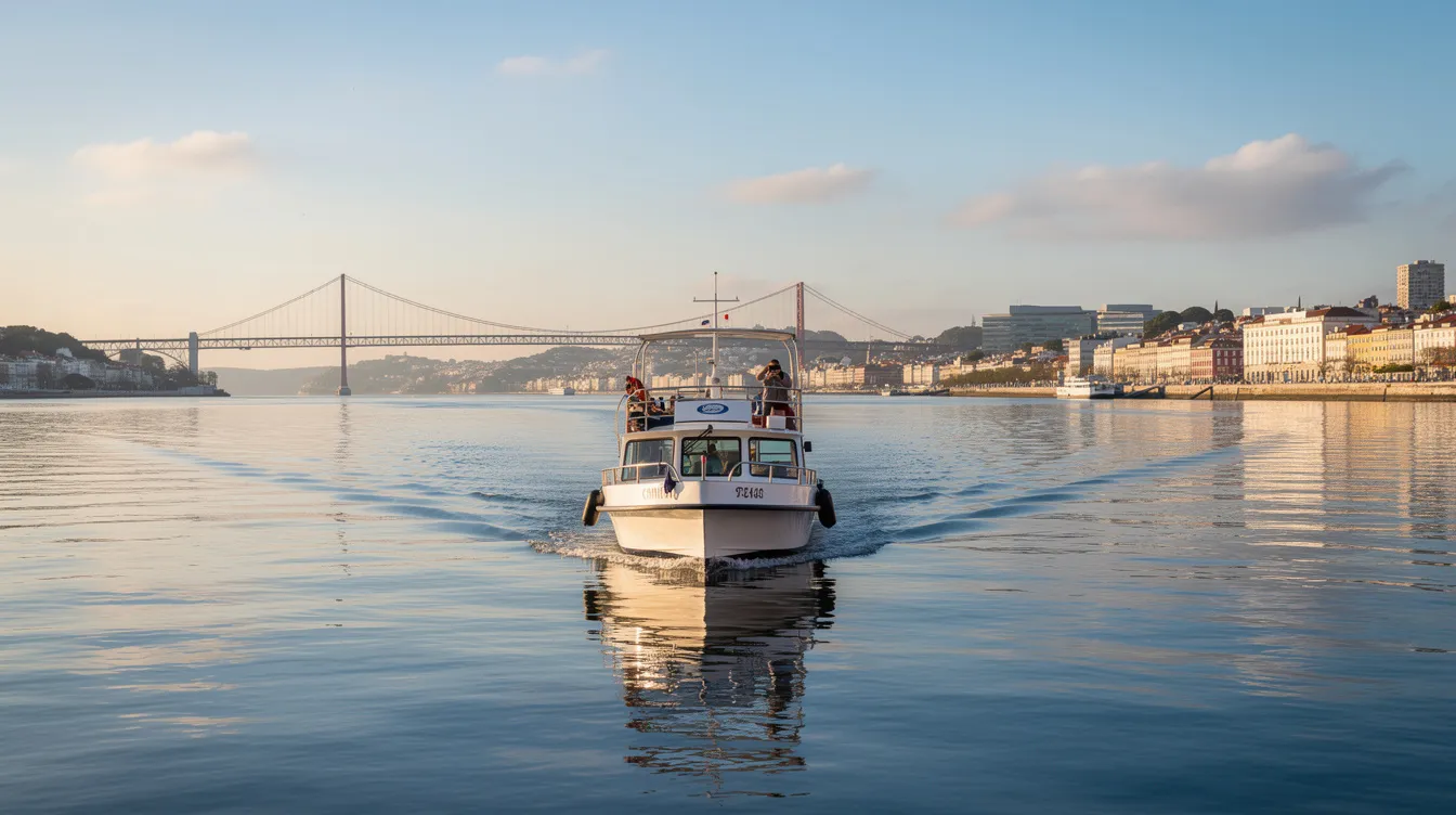 A imagem mostra um passeio de barco pelo Rio Tejo, com belas vistas das margens de Lisboa, incluindo o Mosteiro dos Jerónimos e o Castelo de São Jorge ao fundo. O cenário é complementado por visitantes desfrutando da tranquilidade e da experiência única de navegar pelas águas do Tejo, enquanto o clima ensolarado realça a beleza da cidade.
