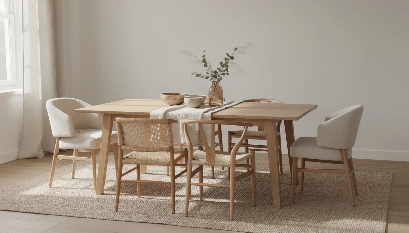 En matplats med ett stort träbord omgiven av blandade stolar, alla i naturmaterial. Rummet är inrett med textilier som ger en modern och exklusiv känsla, perfekt för inspiration till hemmet.