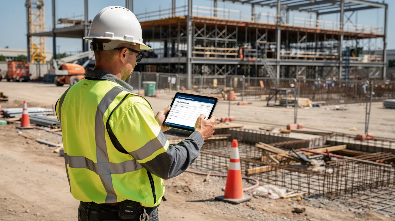 Construction professional using a tablet on a commercial job site.