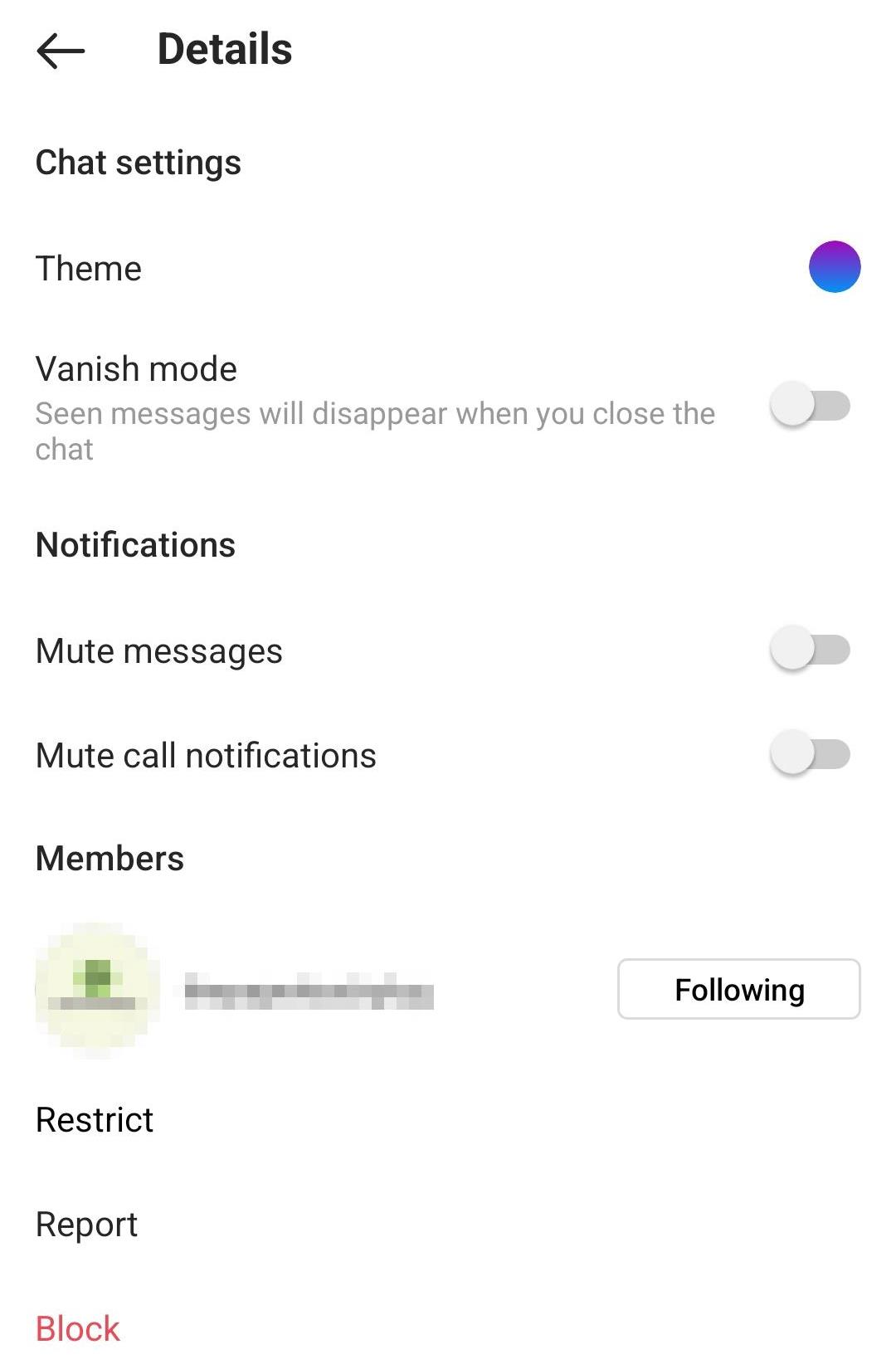 Chat settings for specific messages on Instagram 