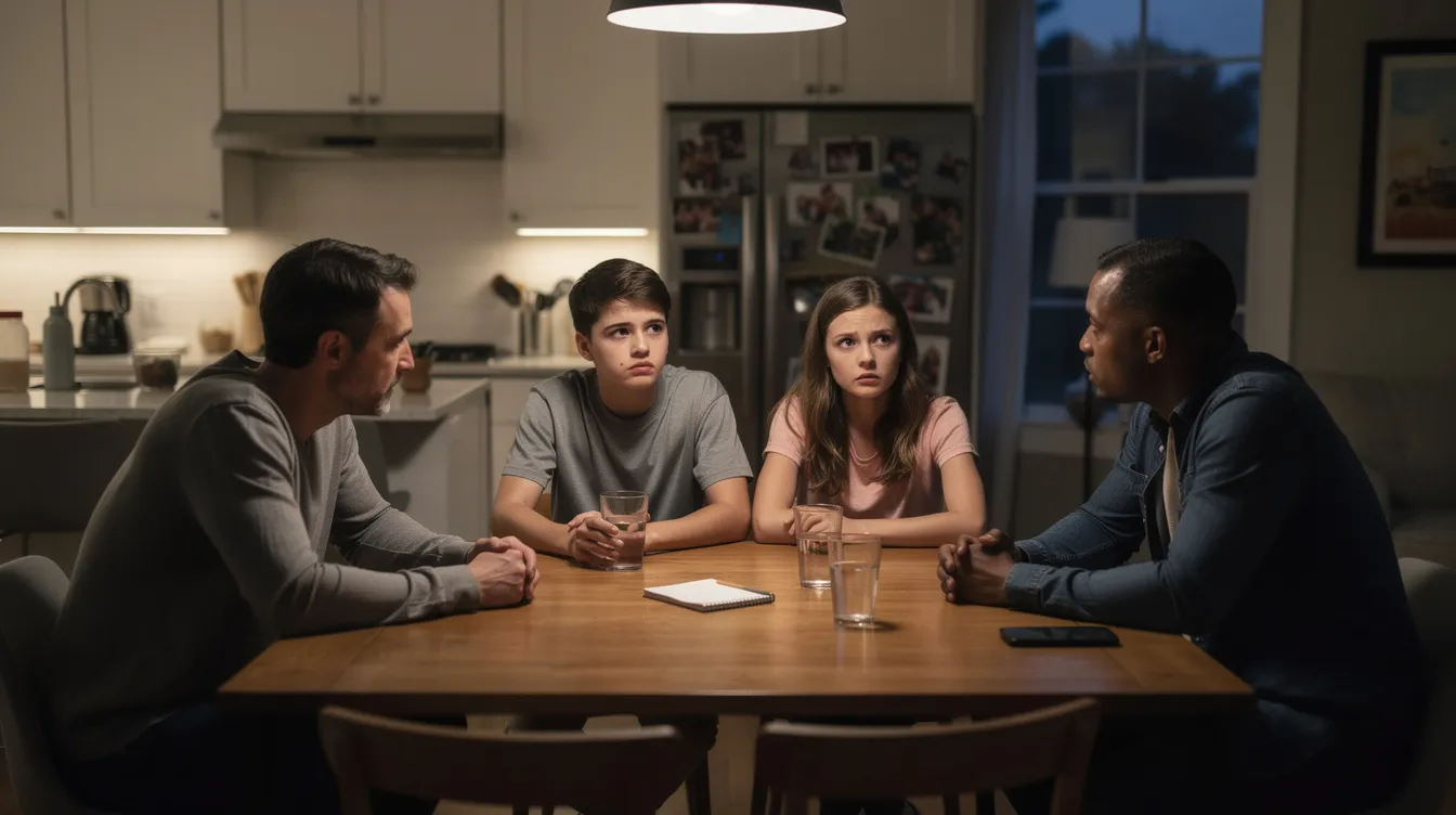 The image depicts a family gathered around a kitchen table, engaged in a serious discussion with concerned expressions. They appear to be addressing financial issues, possibly related to debt restructuring or financial difficulties, highlighting the importance of communication in managing their financial situation.