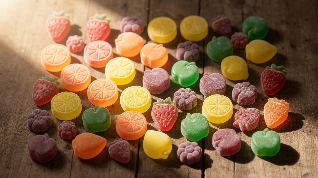 The image features an assortment of colorful fruit-flavored gummy supplements, beautifully arranged on a wooden surface, highlighting their vibrant hues. These gummies, often derived from hemp, may contain hemp-derived cannabinoids such as delta 8 and are popular among those seeking the potential medical benefits of cannabis products.