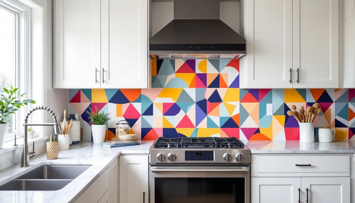 A stylish peel-and-stick backsplash in a modern kitchen, adding a pop of color and texture.