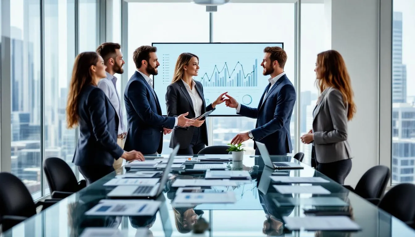A business team is presenting to potential buyers in a conference room, showcasing their financial statements and marketing materials to attract serious buyers interested in the sale process. The atmosphere is professional, emphasizing the importance of business valuation and the successful sale of a small business.