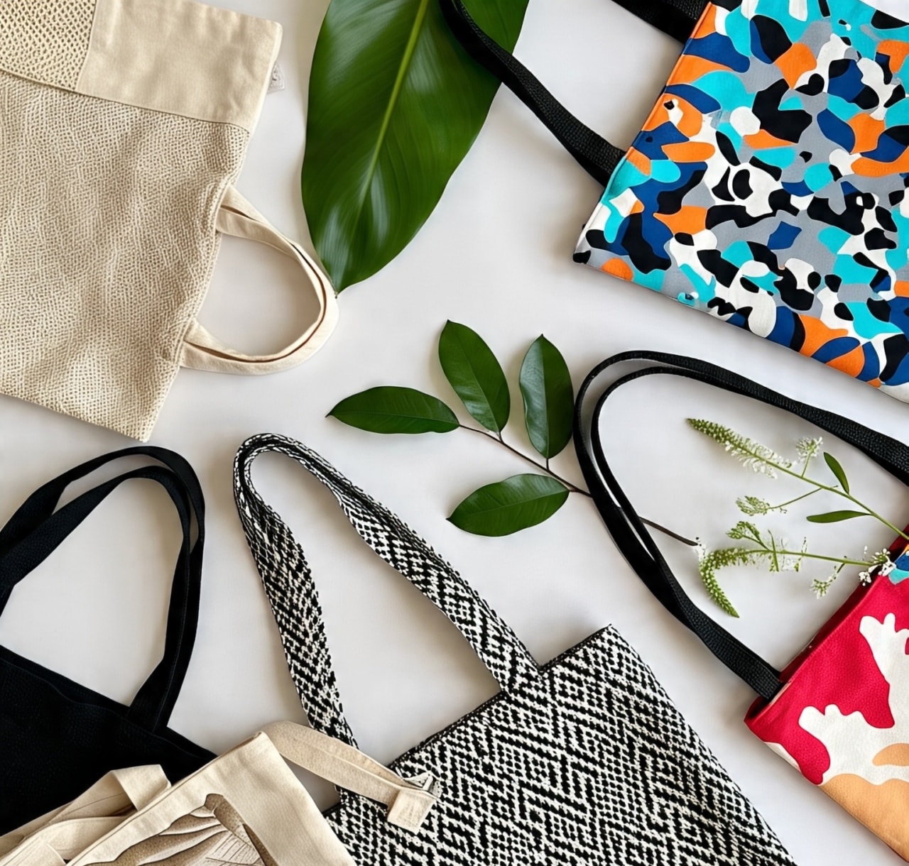A collection of colorful and patterned tote bags arranged on a white surface, with green leaves and flowers placed around them for decoration.
