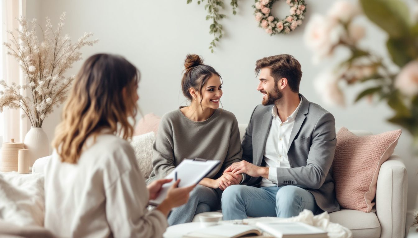 A wedding planner meeting with a couple to discuss personality fit and preferences.