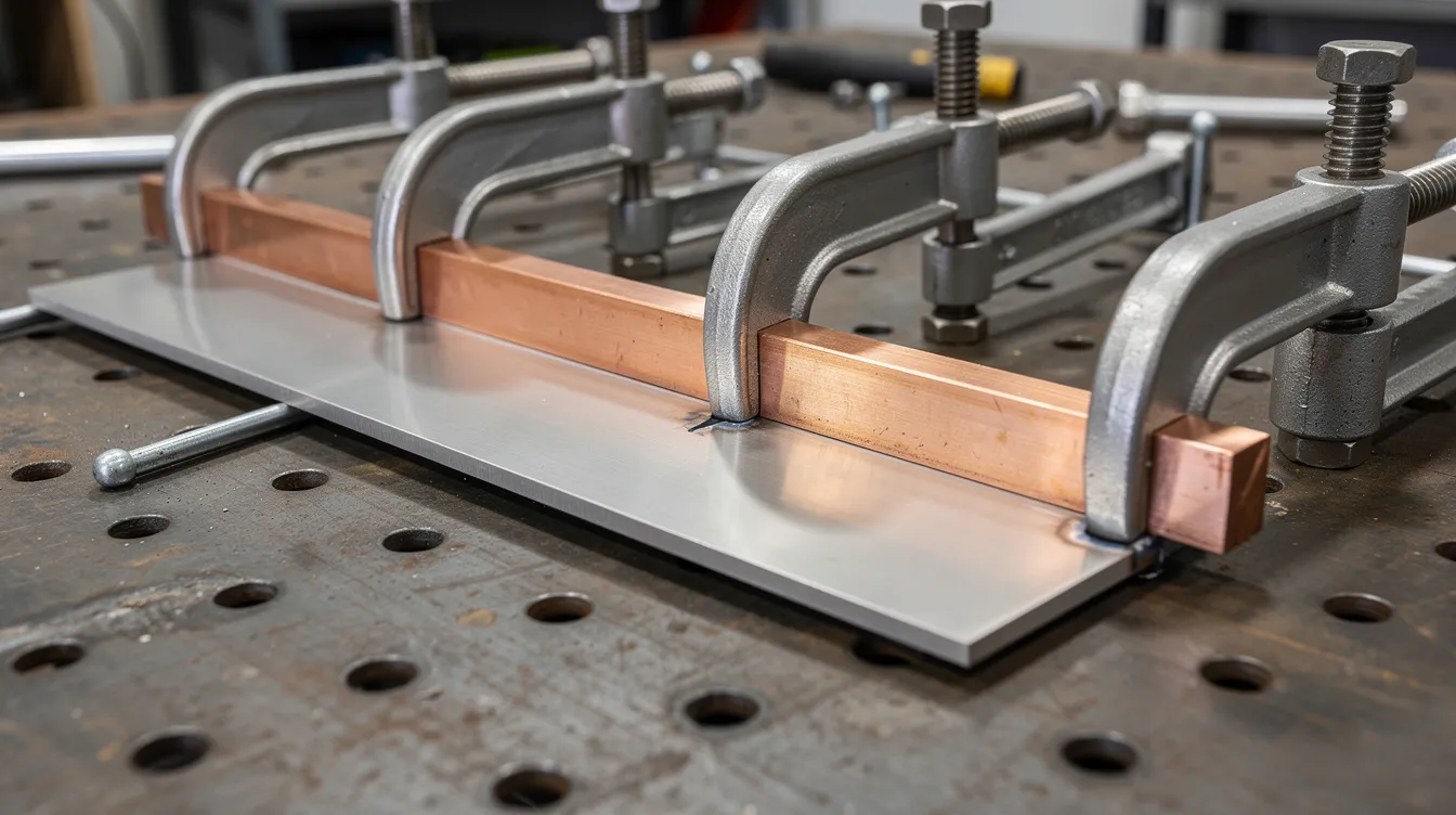 The image shows a copper backing bar securely clamped behind a thin stainless steel sheet joint on a welding table, with various clamps visible. This setup is typical in the sheet metal welding process, ensuring stability and precision for creating strong welds.