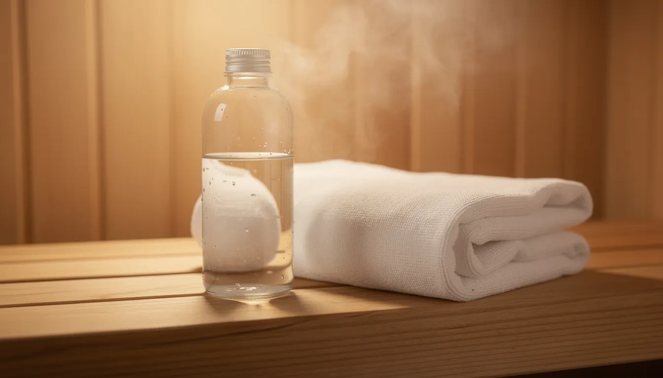 A glass water bottle and a folded towel are placed next to a wooden bench in an infrared sauna, emphasizing the importance of hydration during sauna sessions for optimal health benefits like stress relief and muscle recovery. The warm ambiance suggests a perfect setup for a wellness routine focused on enhancing circulation and overall well-being.