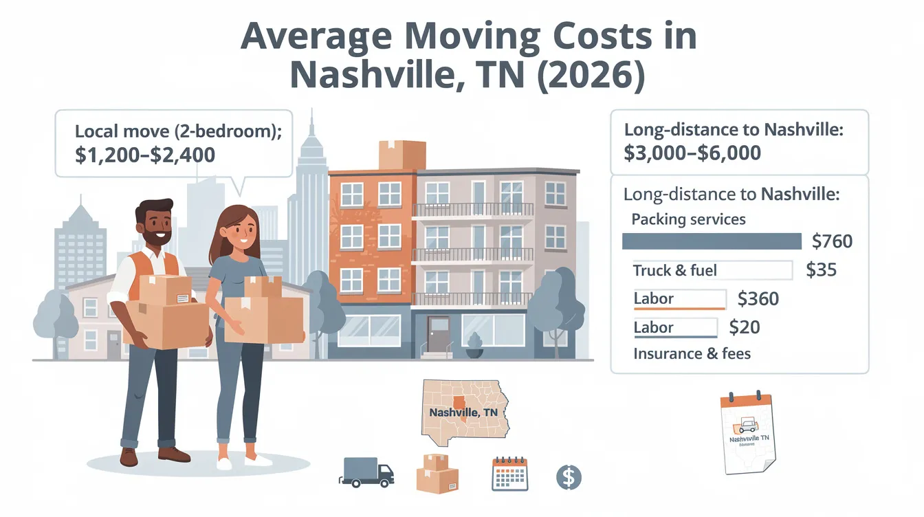 The image illustrates the average moving costs in Nashville, TN for 2026, highlighting various cost factors such as hiring professional movers, local moves, and long distance relocations. It provides insights into transparent pricing, including hourly rates and potential hidden costs, to help individuals plan their move effectively.