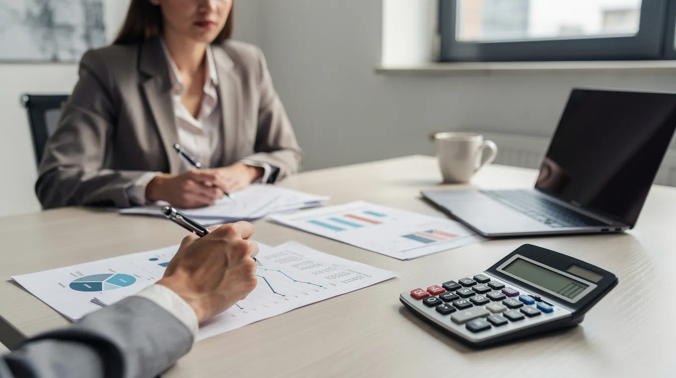 A person is sitting at a desk, intently reviewing financial documents with a calculator placed nearby, possibly assessing their options for a 免 tu 貸款 or analyzing their 信貸 評 級. The scene conveys a sense of focus and diligence in managing personal finances.