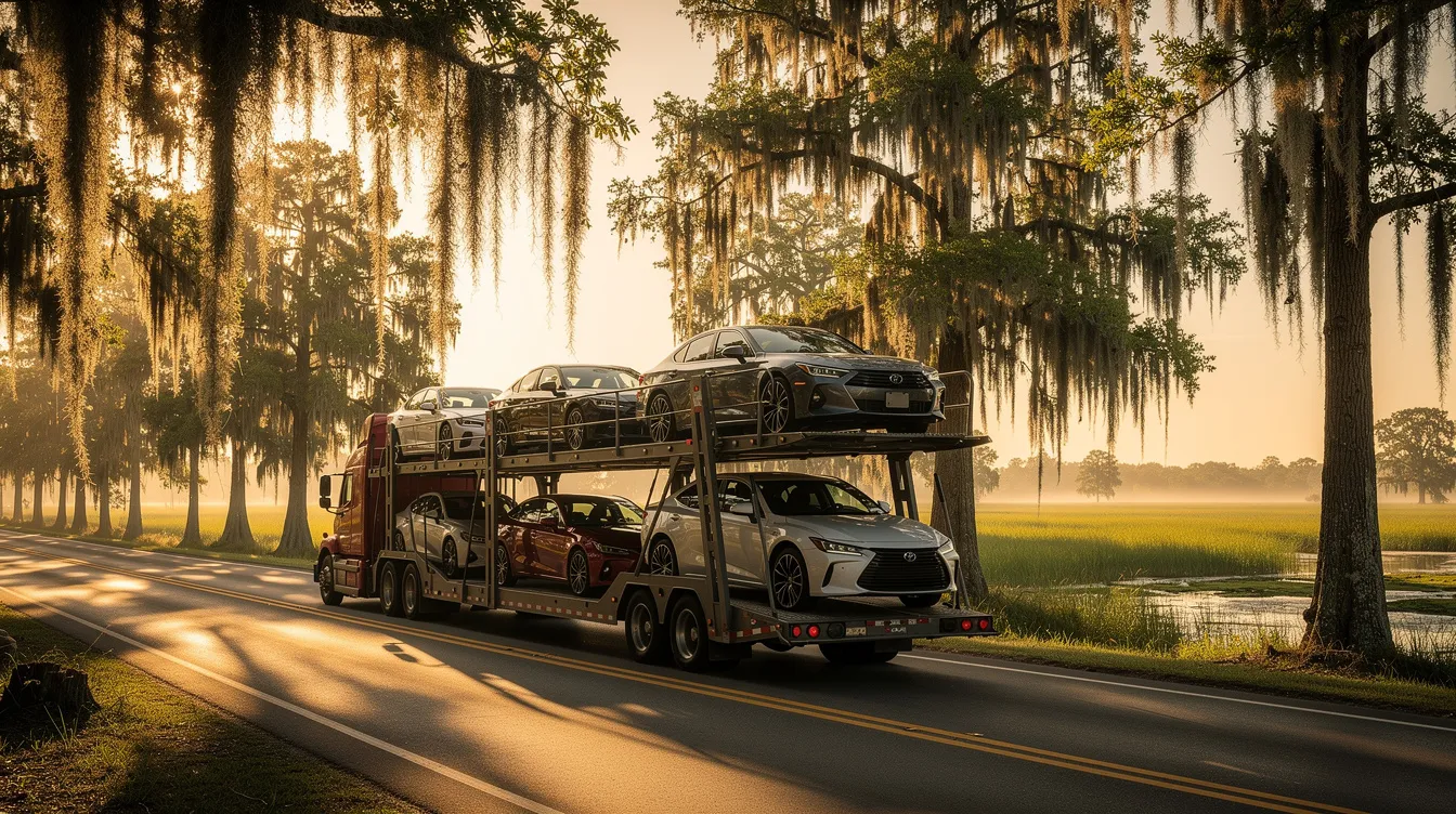A car carrier truck is driving along a scenic Louisiana highway, flanked by tall cypress trees draped with Spanish moss, highlighting the beauty of the region while showcasing reliable auto transport services for shipping vehicles. This image captures the essence of Louisiana car shipping, emphasizing the tranquil environment along major highways.