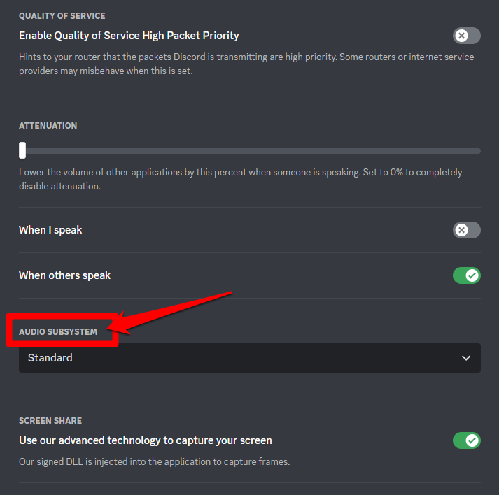 Picture showing the Audio subsystem tab on Discord