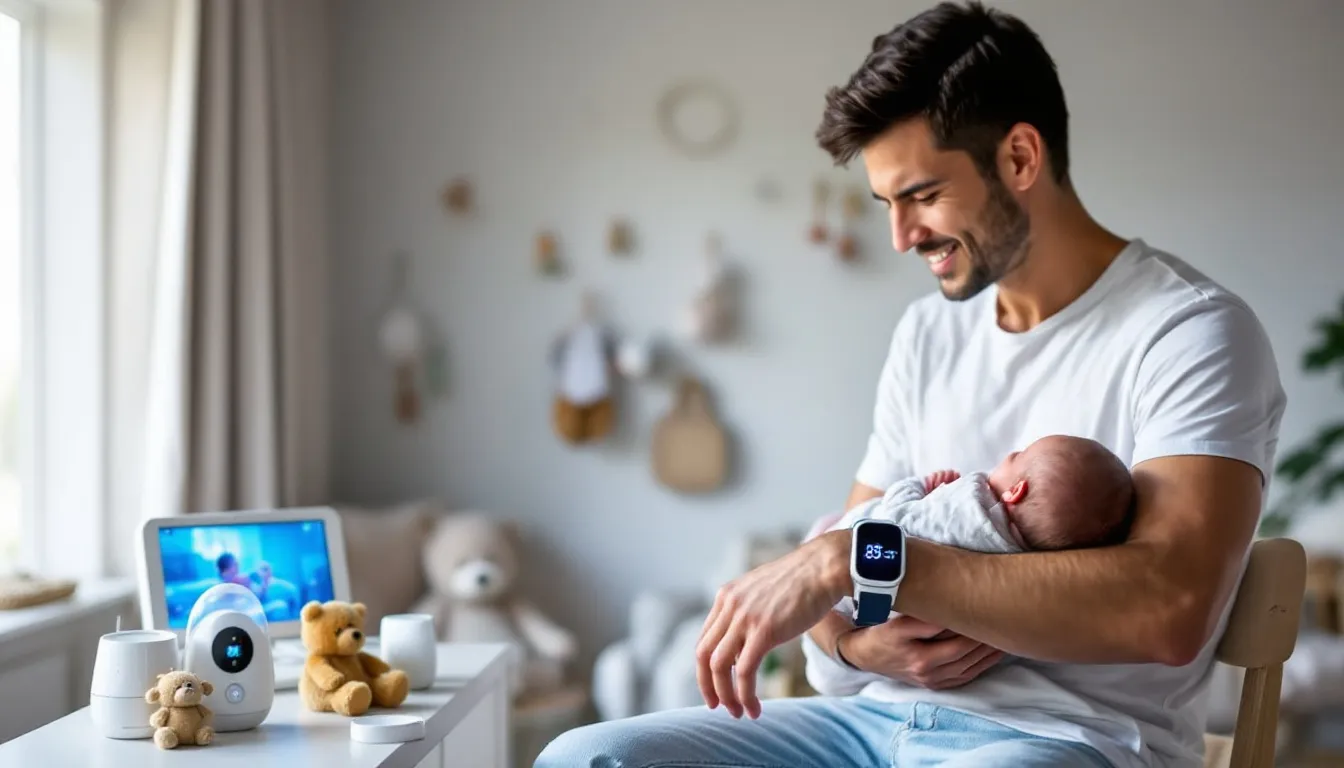 A new dad is holding a baby in one arm while using a smart baby monitor in the other hand, surrounded by various baby tech gear including a bottle warmer and a wearable fitness tracker, showcasing the perfect tech gifts for Father's Day. This scene highlights the blend of parenting and technology, illustrating how gadgets can make life easier for dads.