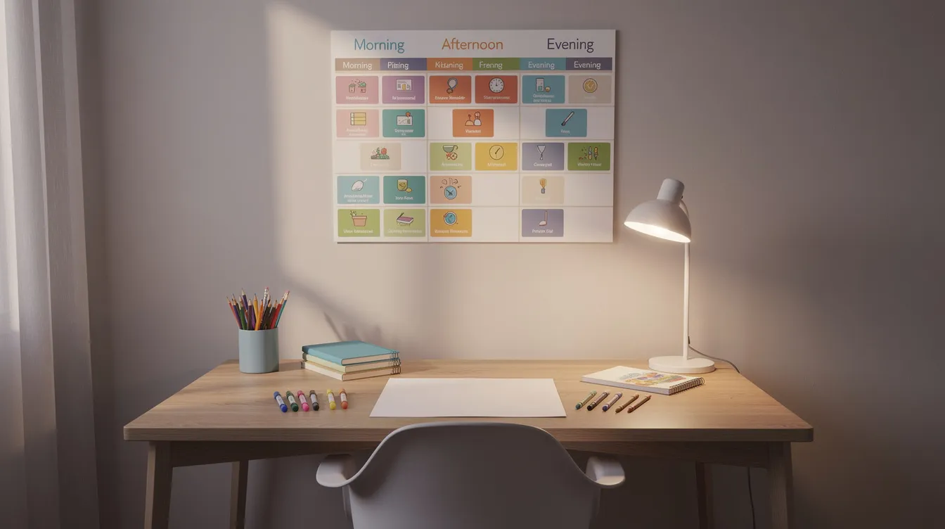 The image depicts a serene and organized home study space, featuring soft lighting and a visual schedule on the wall, which can support autistic children in managing their school day. A wooden desk is adorned with various drawing supplies, creating an inviting environment for children to develop coping skills and engage in their education at their own pace.