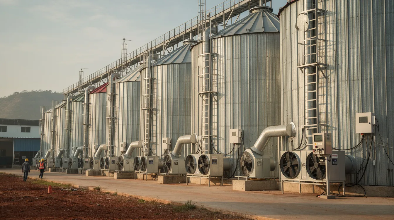 1cef139e c8e8 43c8 9cfa c36cfb2ca8b4 The image depicts rows of modern grain storage silos made of corrugated steel, equipped with aeration fans and temperature monitoring systems, designed to safely store large quantities of harvested grains while maintaining grain quality. The facility reflects advanced grain management practices in India, utilizing ventilation systems to prevent spoilage and ensure the nutritional quality of stored grain.