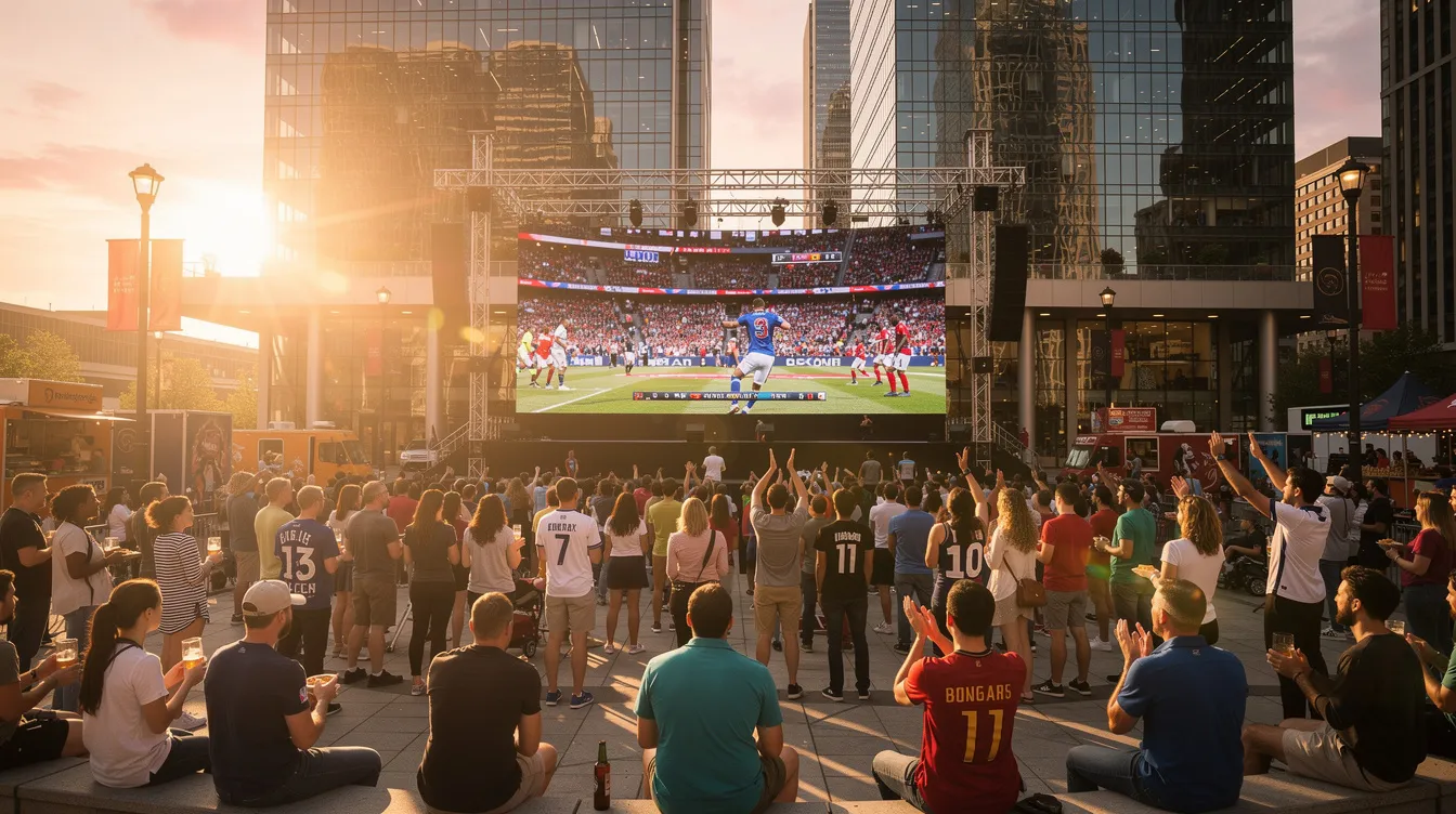 A large crowd of enthusiastic fans gathers in the North Loop green plaza during golden hour, eagerly watching a sporting event on a massive big screen. The atmosphere is lively as people cheer for their favorite teams, enjoying drinks and snacks from nearby bars and restaurants while celebrating the excitement of the match.