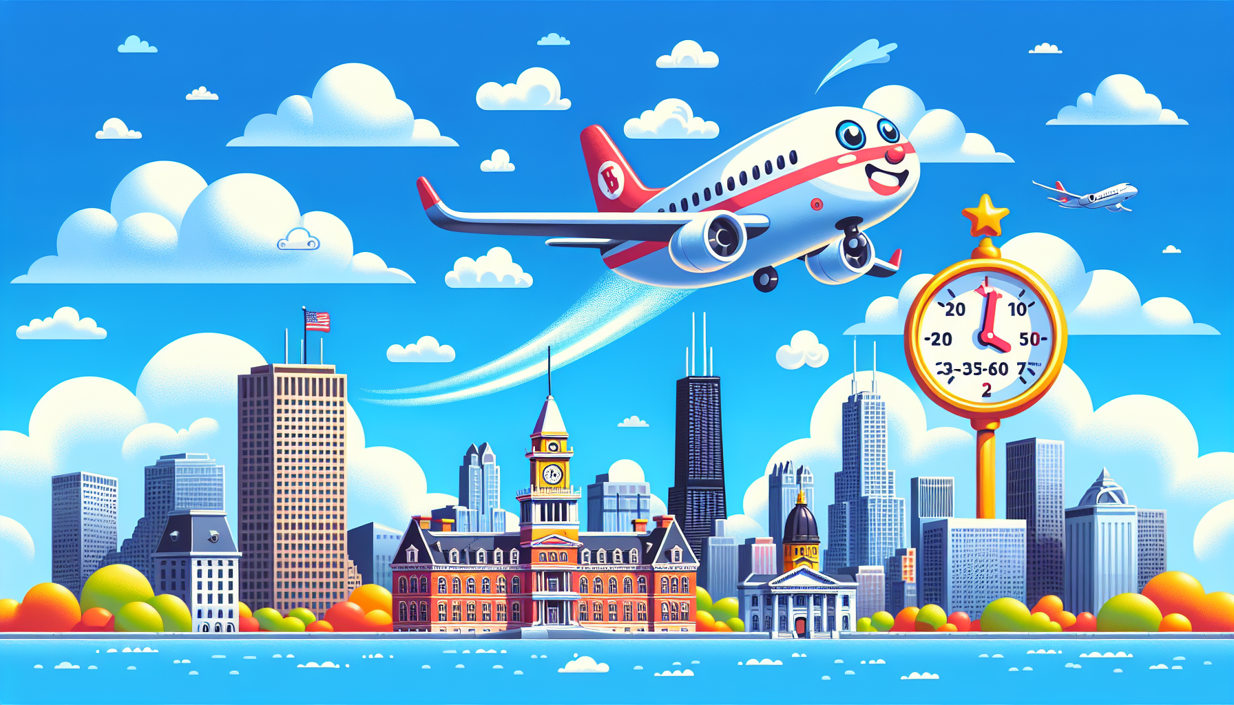 An illustration depicting the average flight time from Boston to Chicago, highlighting the flying time of approximately 3 hours.