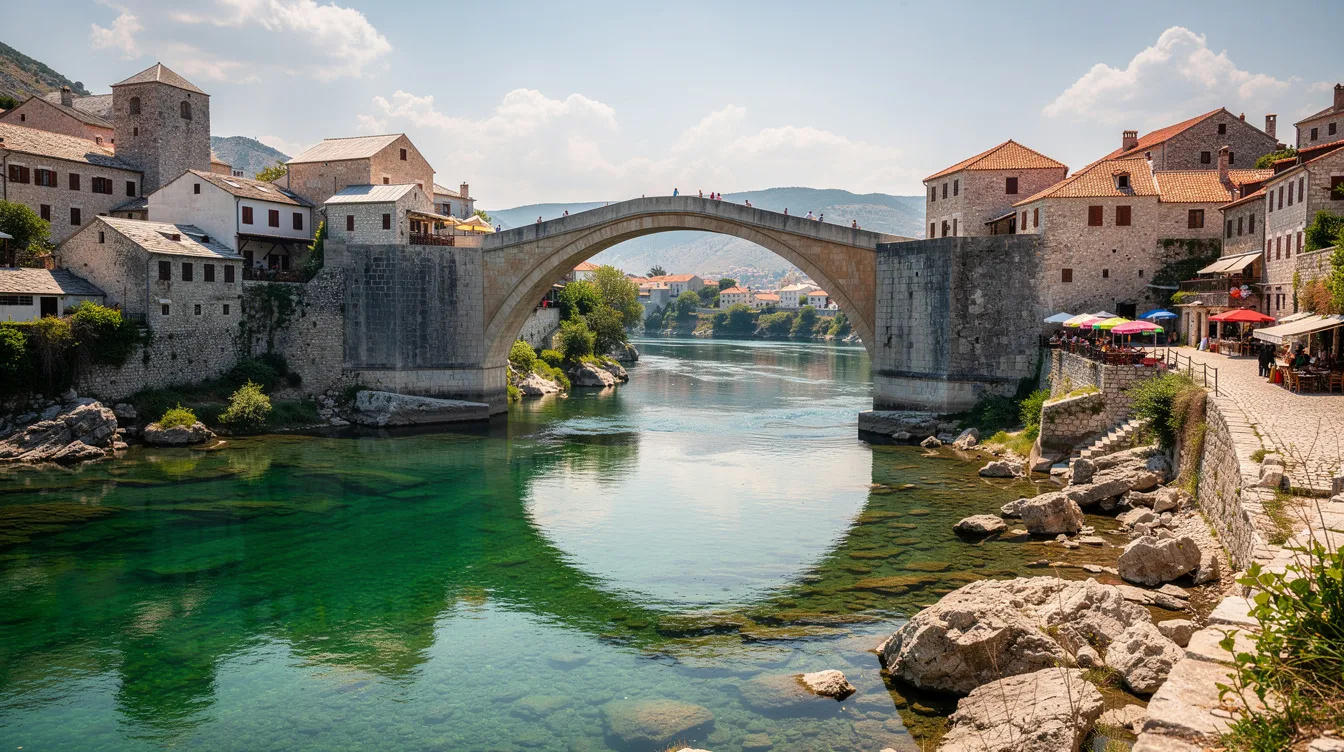 A imagem mostra a icônica Ponte Stari Most em Mostar, na Bósnia e Herzegovina, com suas estruturas de pedra que se destacam ao lado do rio verde-esmeralda. Ao fundo, casas de pedra tradicionais cercam a ponte, criando um cenário pitoresco que reflete a rica história e cultura da região.