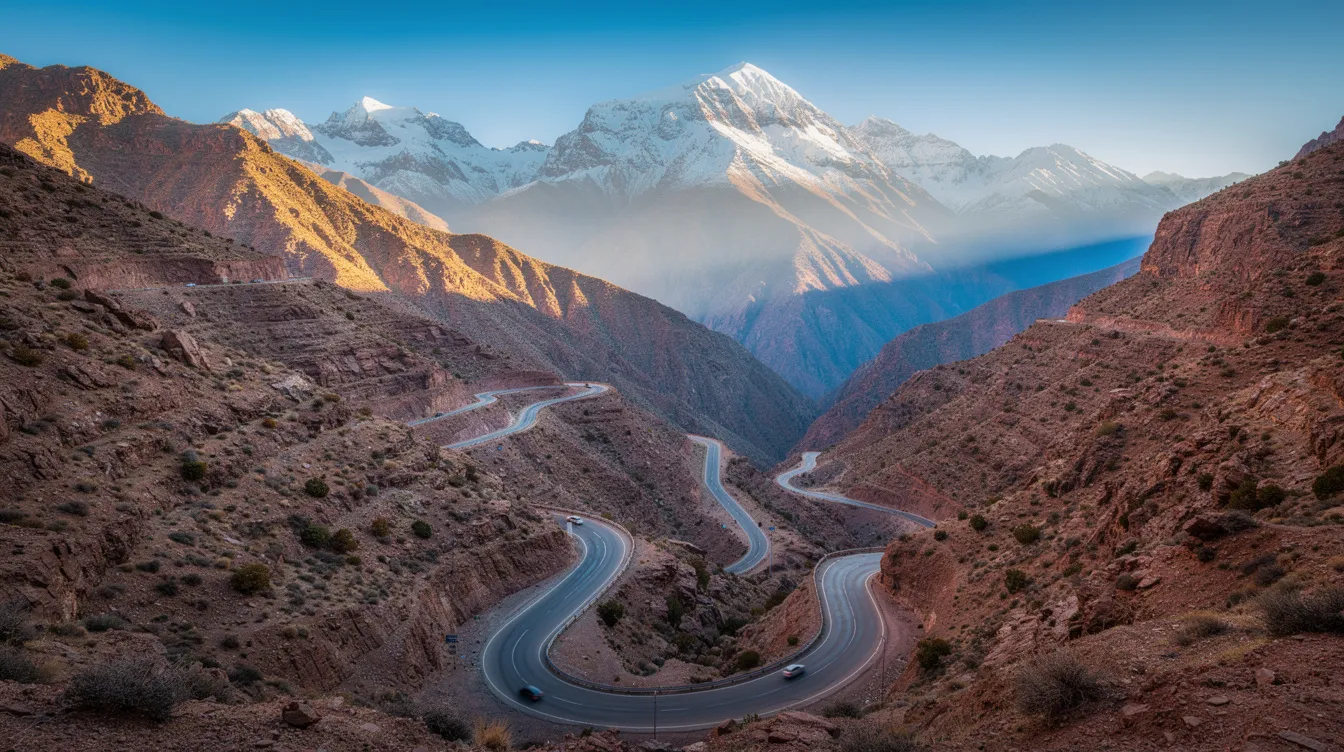 The image depicts a winding mountain road cutting through the High Atlas Mountains, with snow-capped peaks rising majestically in the distance. This scenic drive showcases the dramatic landscapes and traditional Berber villages that can be experienced on a Marrakech to Fes desert tour.