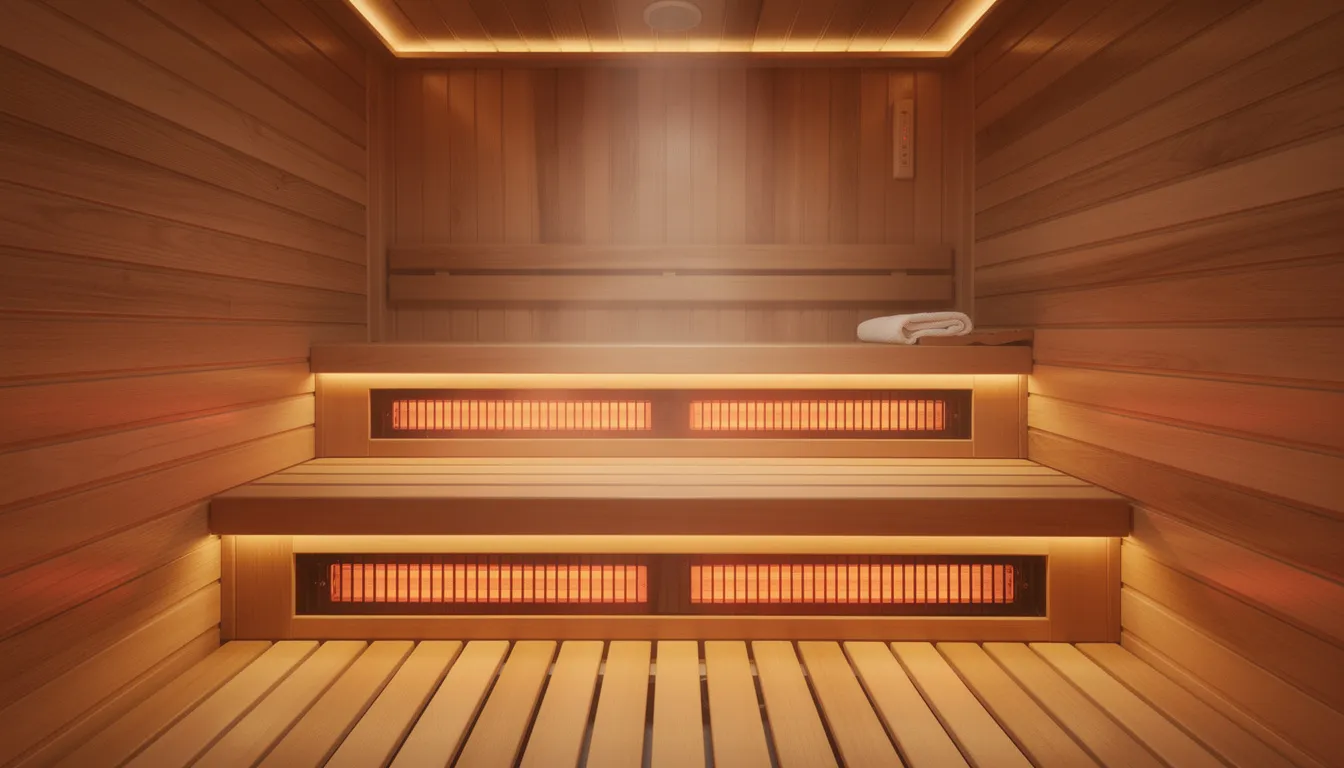 The image depicts the interior of a wooden infrared sauna, illuminated by warm amber lighting, creating a cozy atmosphere ideal for relaxation and wellness. This serene environment is perfect for those looking to enhance recovery through methods like cold plunging or contrast therapy, promoting blood flow and supporting muscle recovery.