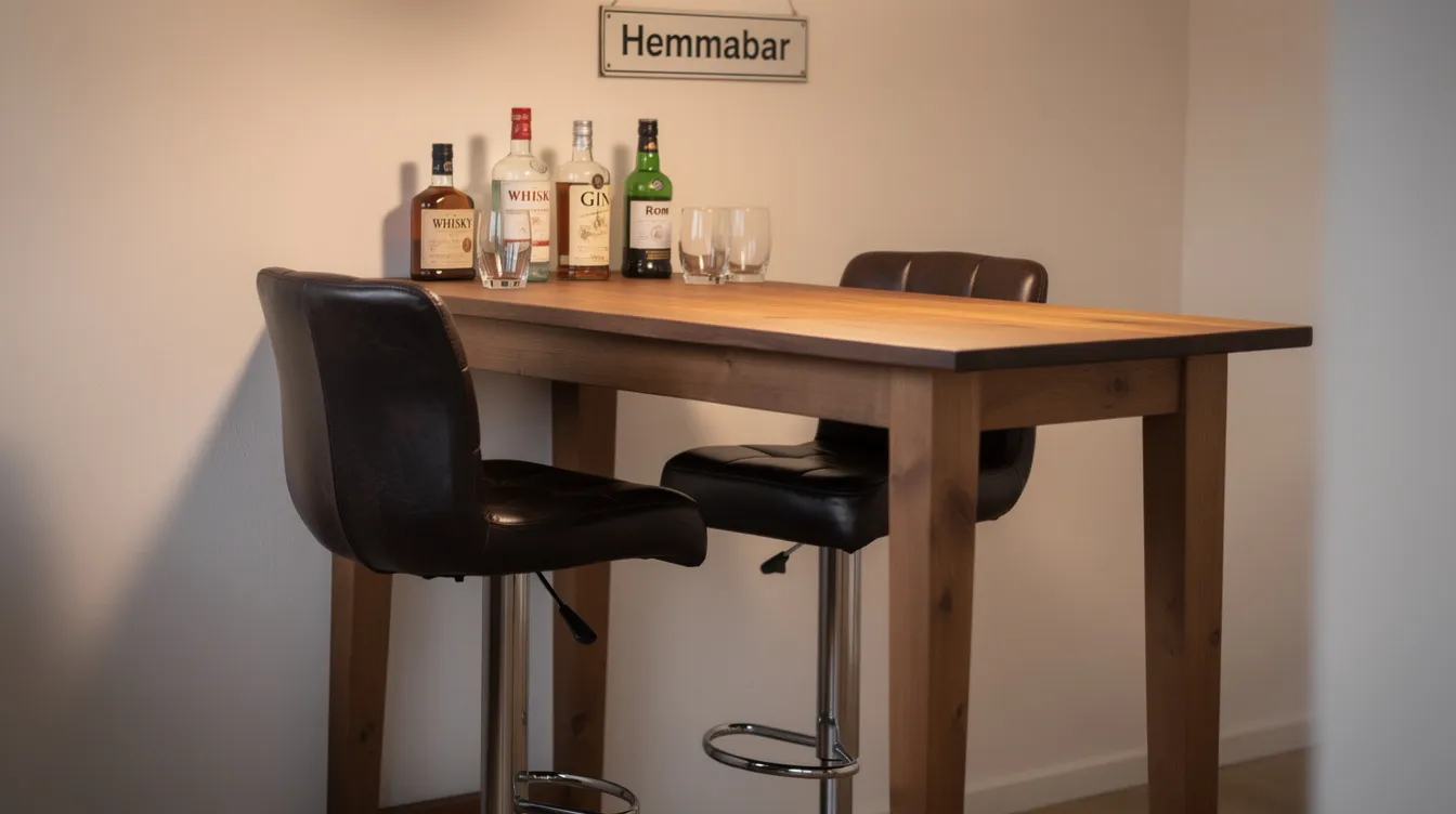 En hemmabar med två snurrbara barstolar i mörkt läder står vid ett träbarbord. Barstolarna har hög design och erbjuder komfort med ryggstöd, vilket gör dem perfekta för en modern bar i hemmet.