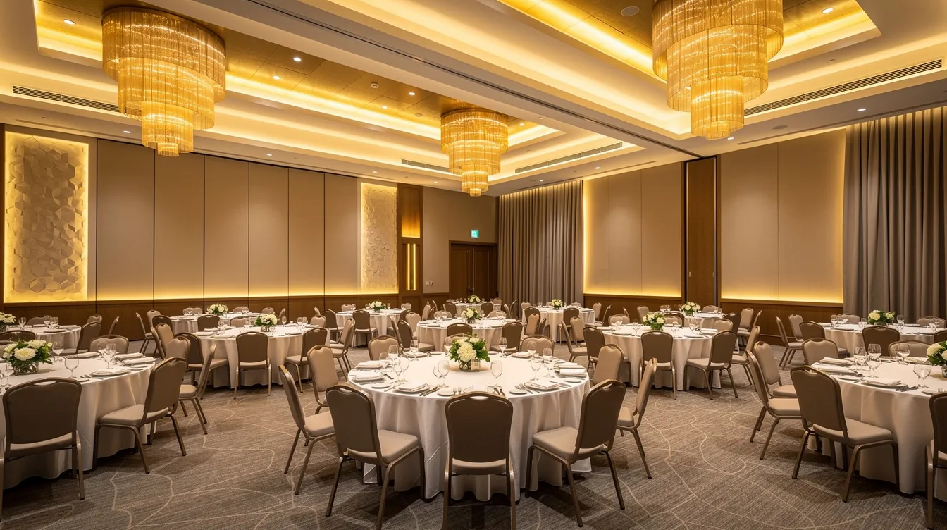 The image depicts a modern hotel banquet hall elegantly arranged with round tables, each adorned with decorative lighting, creating a sophisticated atmosphere for an event. This setup reflects the hospitality industry's focus on enhancing guest experiences while maintaining a keen eye on operational efficiency and financial performance.