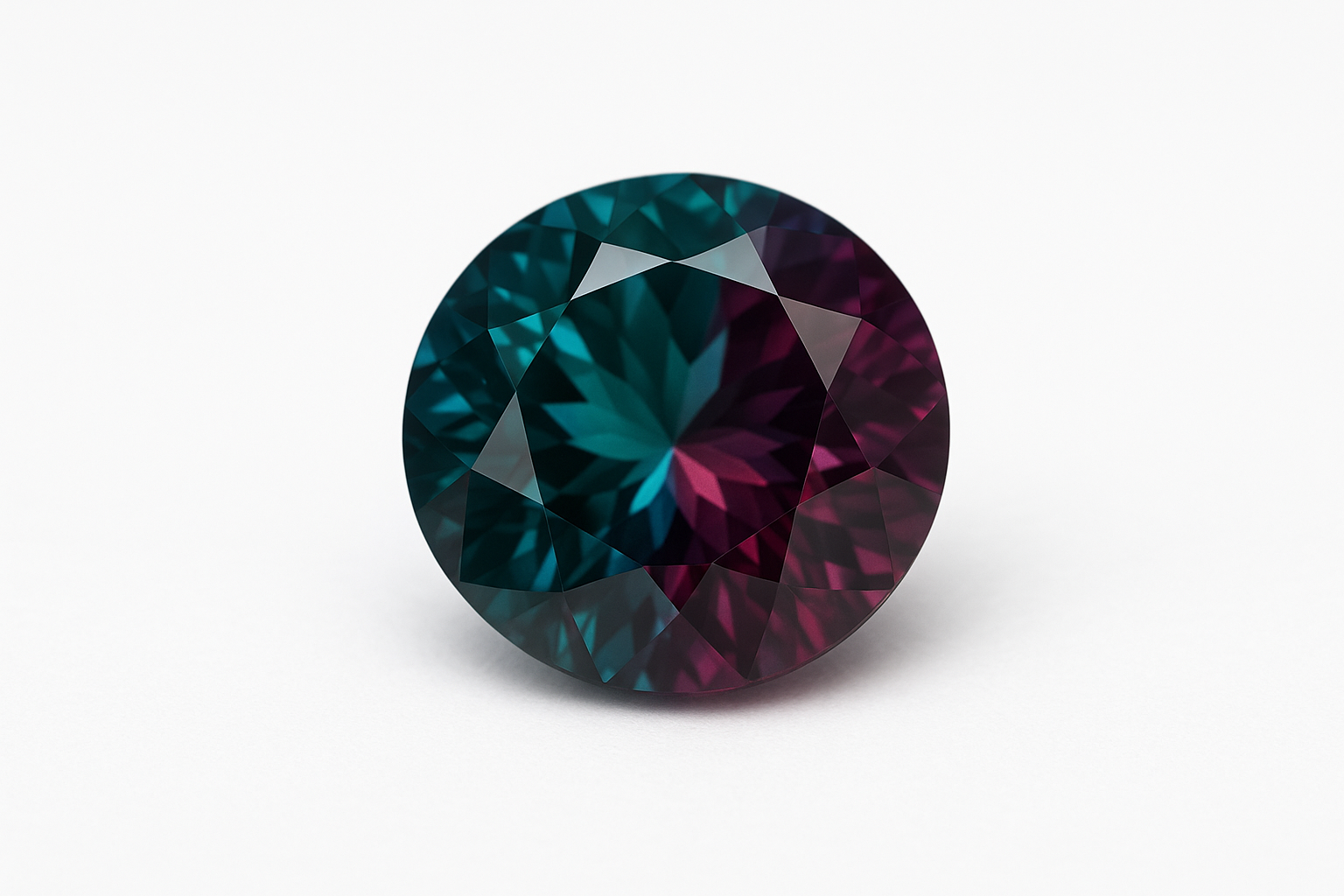 Aleksandritas (alexandrite) apvalaus šlifo, ant balto fono. Akmuo keičia spalvą – dienos šviesoje žalsvai mėlynas, o dirbtinėje šviesoje – violetiškai raudonas