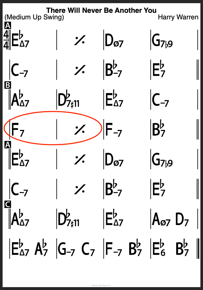 Chord Changes to There Will Never Be Another You with F7 chord highlighted