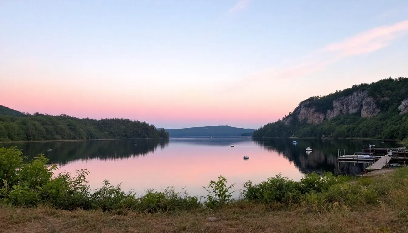 The image depicts a serene view of Lake of the Ozarks, showcasing its tranquil waters surrounded by lush greenery and rolling hills. This picturesque setting is ideal for families and businesses seeking insurance solutions, with multiple insurance companies available to provide exceptional customer service and coverage options in the surrounding mid-Missouri counties.