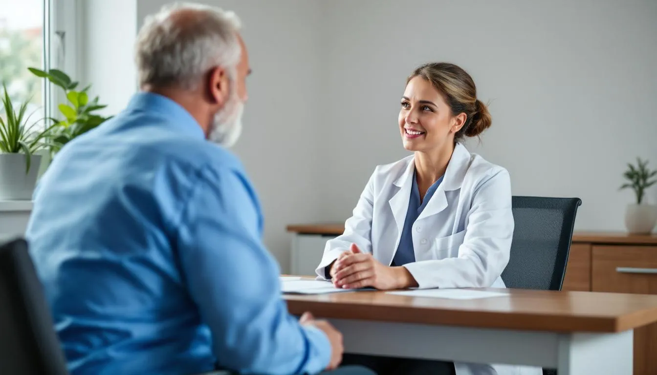 In a medical office, a healthcare professional is consulting with a patient, discussing the potential health benefits and side effects of intermittent fasting, including managing fasting headaches and low blood sugar levels. The professional is likely addressing concerns related to headache pain and providing guidance on maintaining optimal blood sugar control during fasting periods.