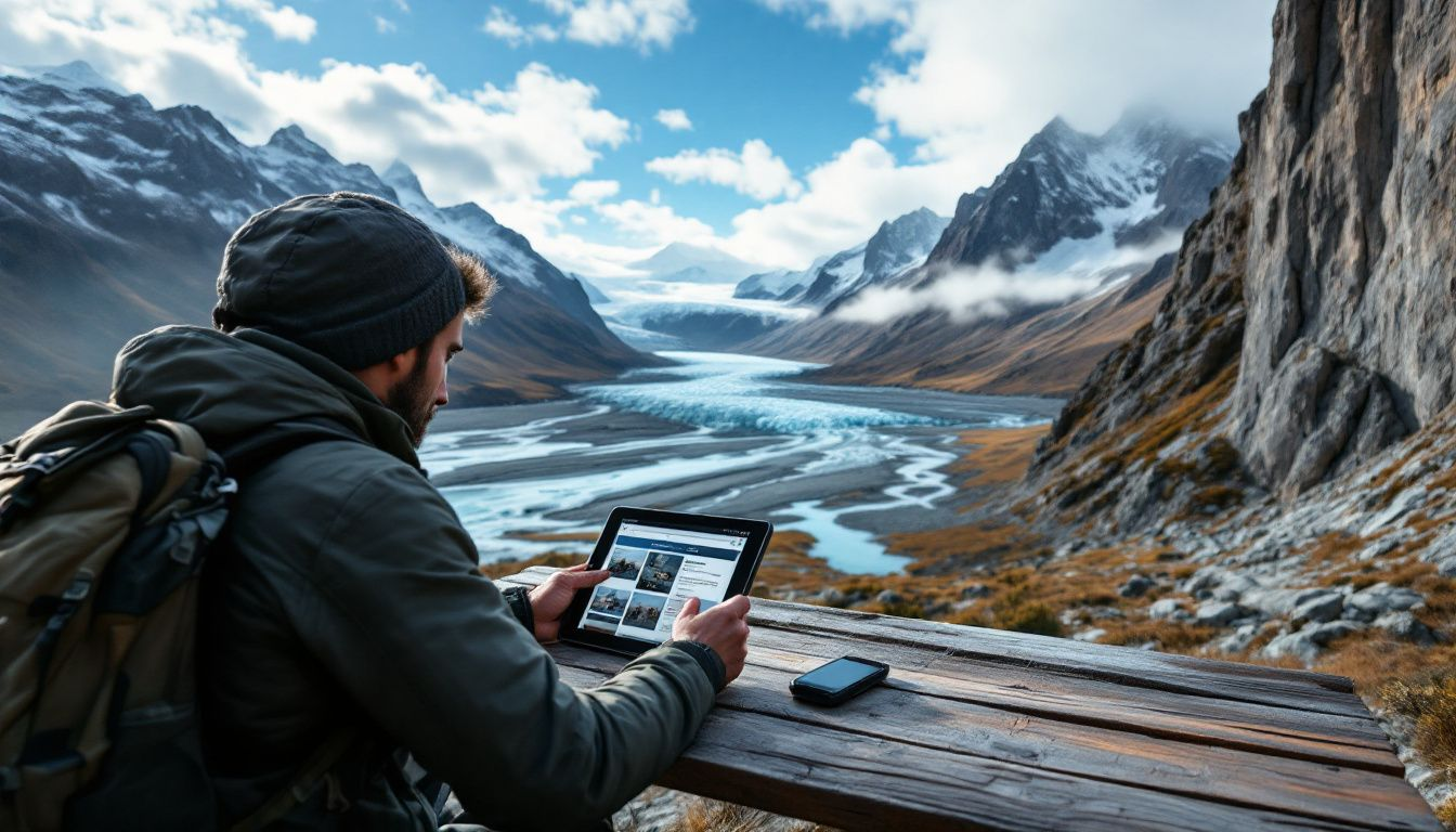 A traveler using a booking system for planning a trip to Patagonia.