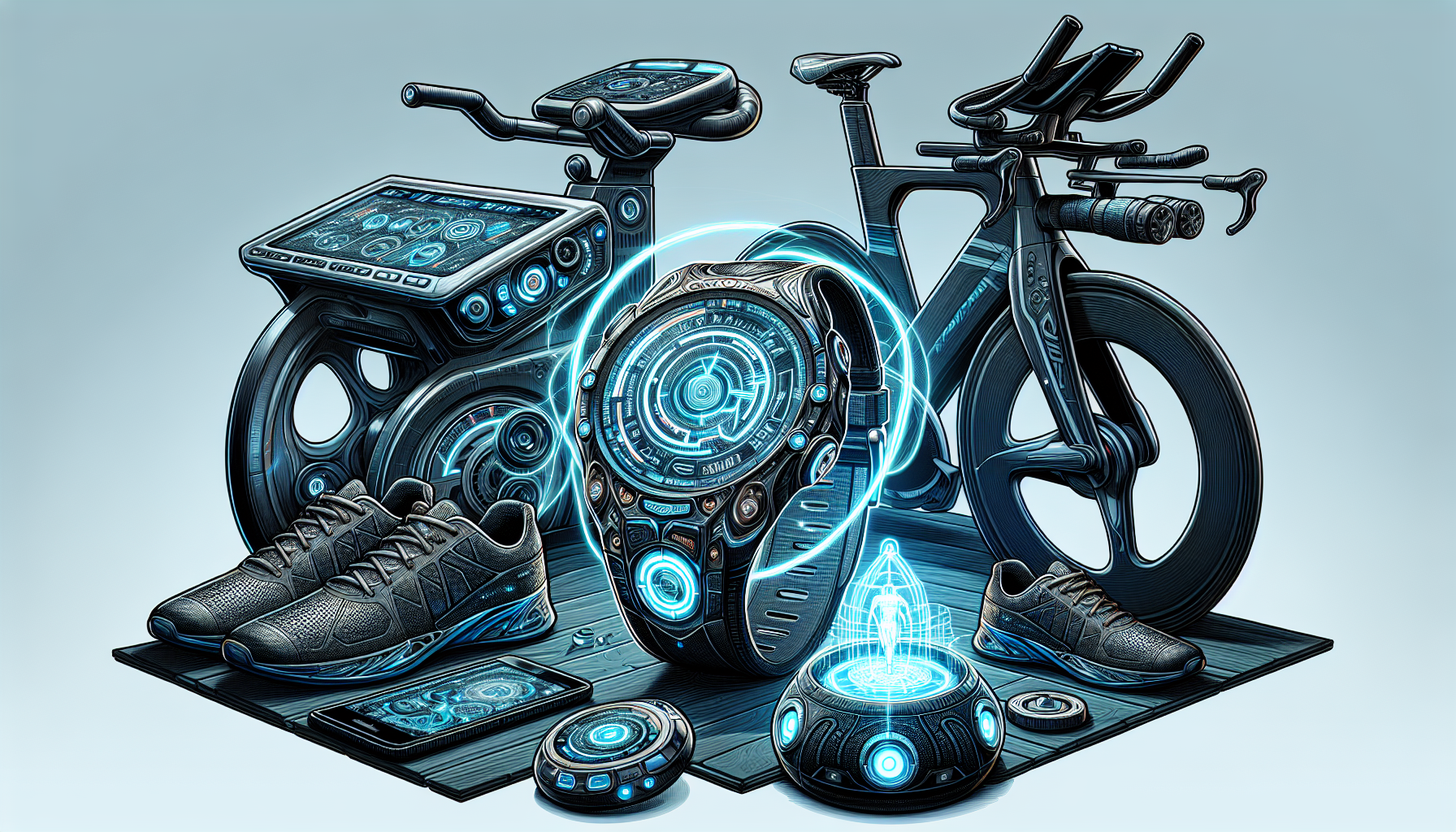 Illustration of modern training tools and gadgets for triathletes