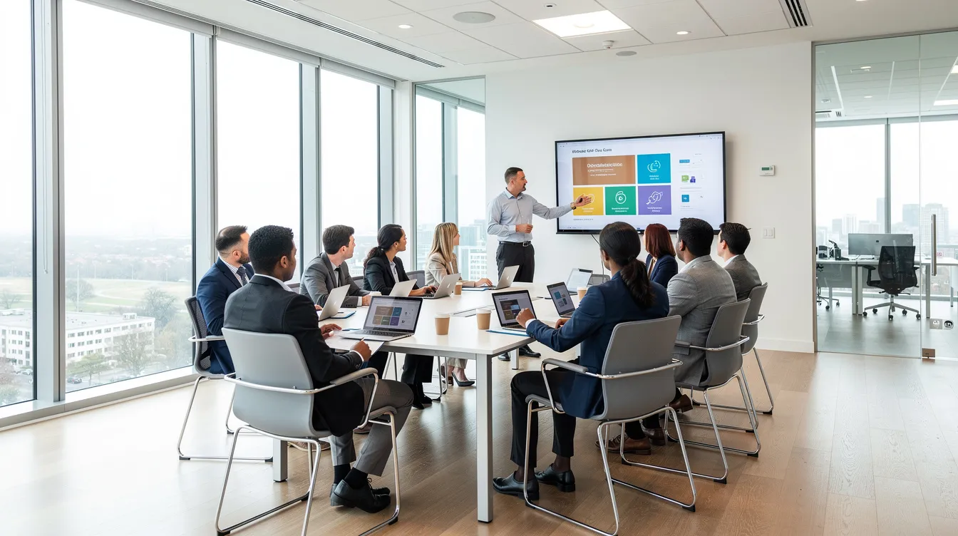 The image depicts a training session in a bright, modern office where diverse professionals are engaged in discussion and collaboration, highlighting the importance of franchise opportunities and the entrepreneurial journey. This vibrant setting reflects a thriving environment for business owners looking to explore franchise business models and enhance their skills.