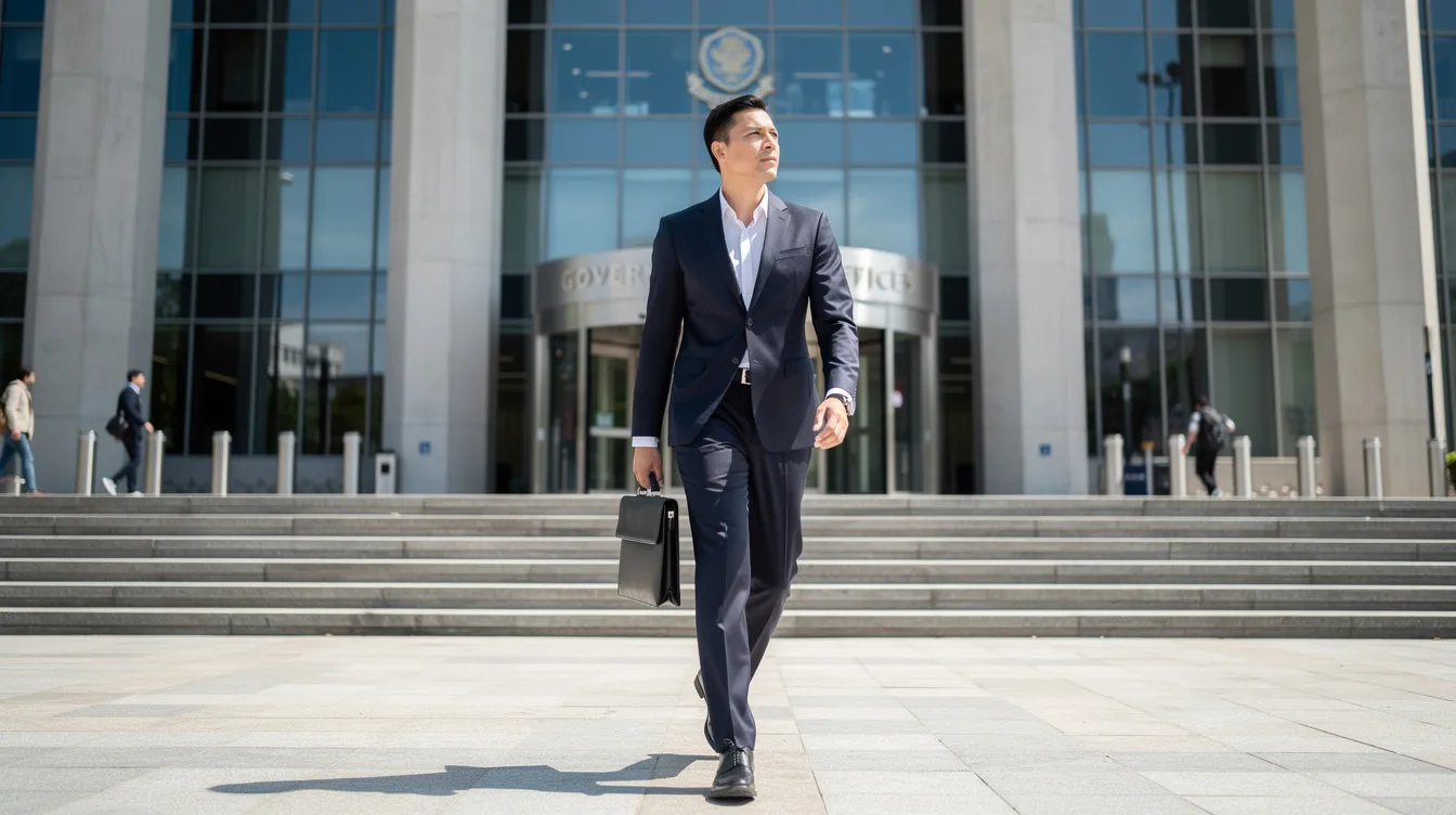 A professional individual dressed in business attire is walking towards a modern government office building on a sunny day, representing the image of a 公務員 in the 香港 特別 行政區. The sleek architecture of the building reflects the contemporary nature of the 香港 特別 行政區 政府.