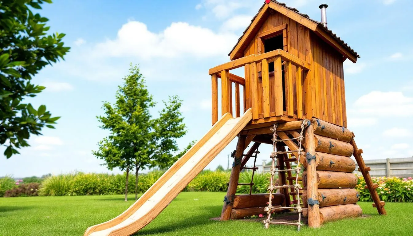 A wooden tower playhouse featuring a slide and climbing elements is set against a backdrop of lush green grass, providing a perfect space for outdoor play and encouraging imaginative play for children. This inviting structure offers a fun environment for kids to explore and develop their motor skills while enjoying time outdoors.