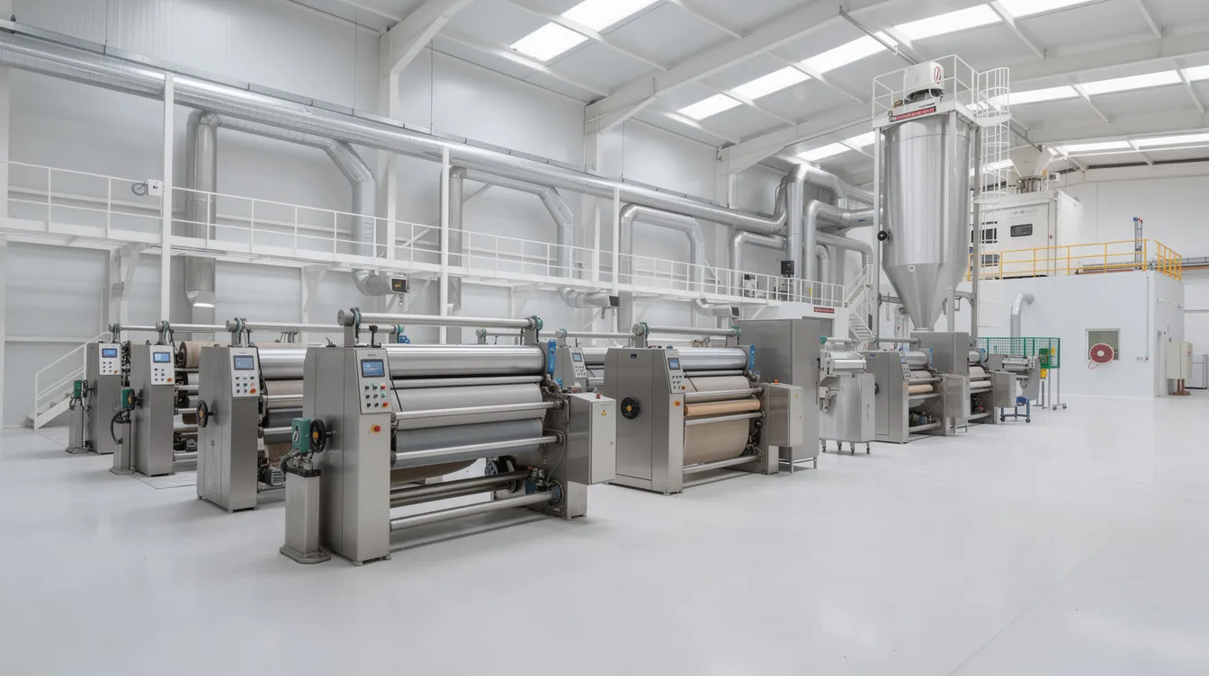 1d000c96 f1fc 4253 94ed d9724718a742 The image depicts the interior of a large industrial wheat flour milling facility, showcasing multiple roller mills and advanced sifting equipment used for processing wheat into various products like flour, semolina, and bran. This facility highlights the scale and complexity involved in the manufacture of wheat flour and other cereals, essential for food production.
