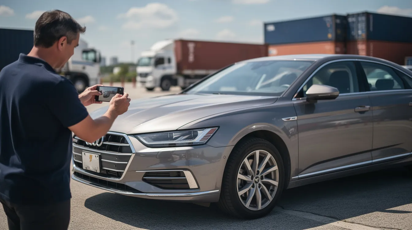 A person is photographing their vehicle's exterior, capturing details before shipping it with a car shipping company. This ensures a thorough record for the upcoming cross country vehicle shipping process.