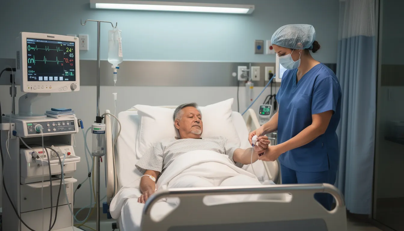 A healthcare professional is attentively checking a patient's vital signs using modern monitoring equipment, which includes devices for measuring blood pressure and body temperature. This scene highlights the importance of monitoring health indicators, which can be crucial for understanding the benefits of heat shock proteins and the role of heat therapy in promoting cardiovascular health and overall well-being.