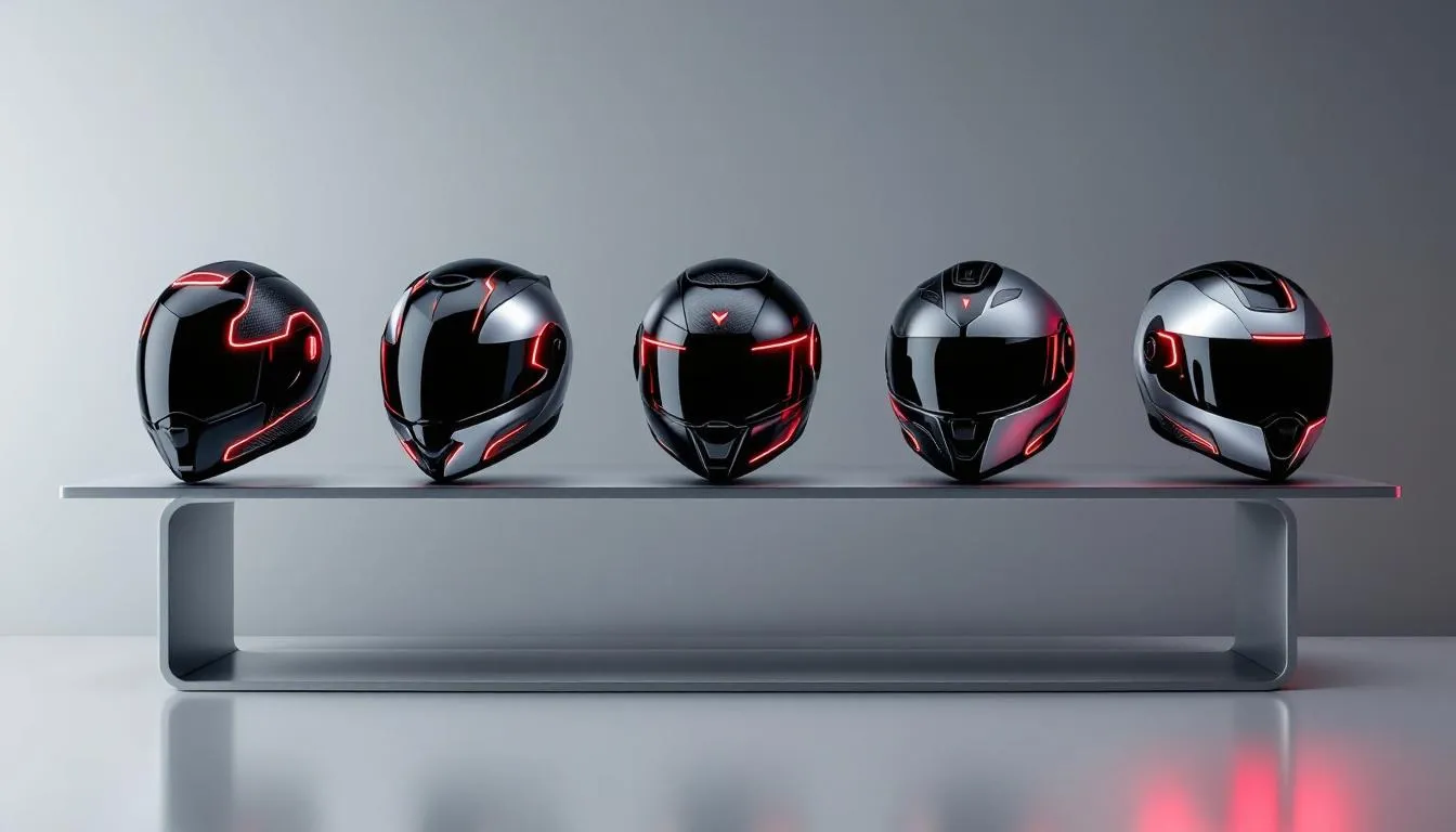 Various types of moto motorcycle helmets displayed on a shelf.