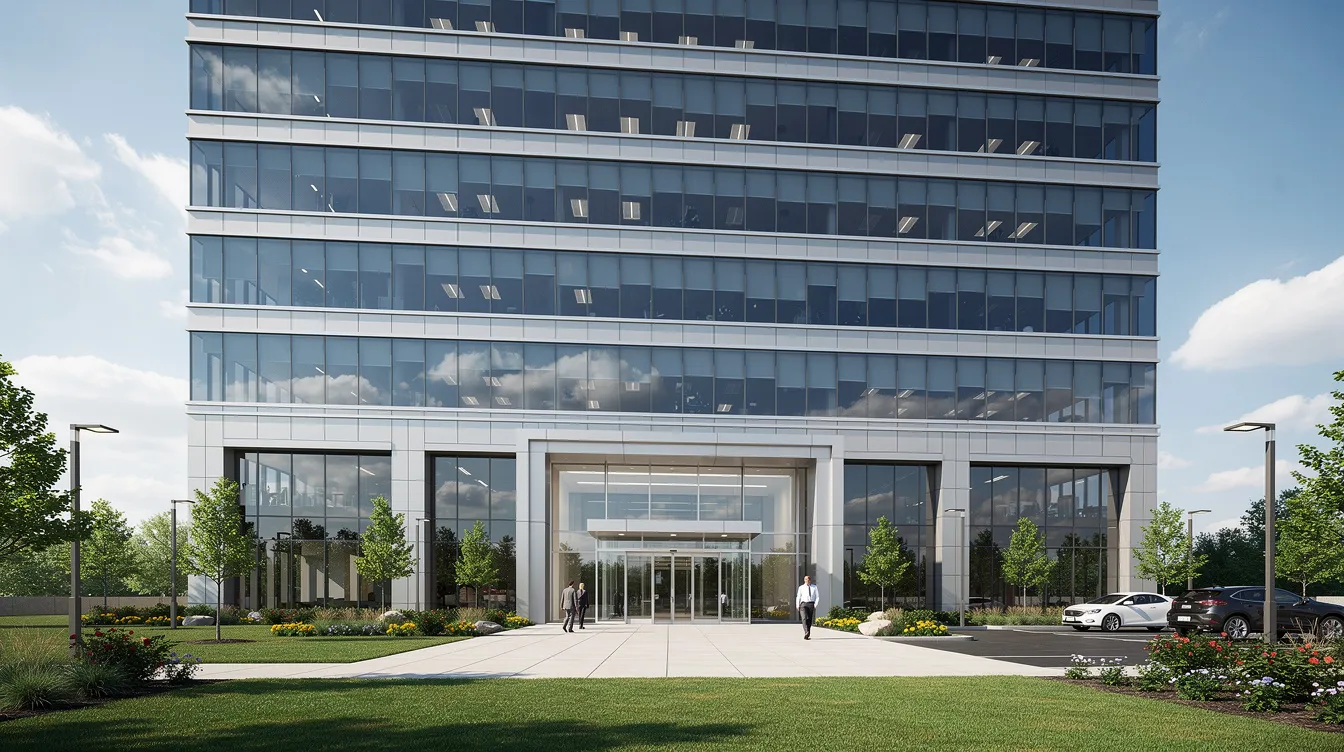 The image depicts a modern commercial office building featuring a sleek exterior with large glass windows and well-maintained landscaping. This type of property can benefit from a quality cost segregation study to maximize tax savings through accelerated depreciation and increased cash flow for property owners.