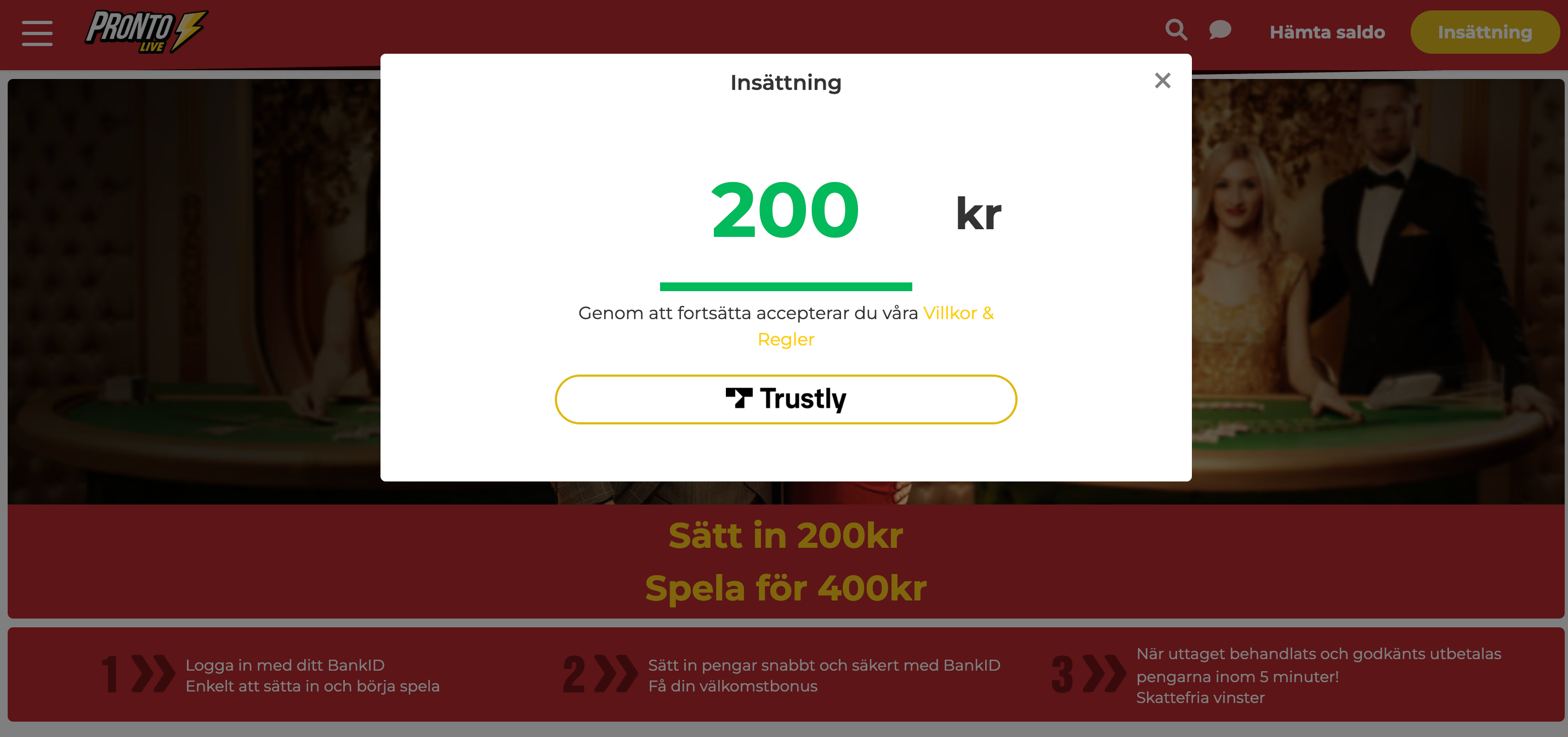 Pronto Live Casino trustly insättning