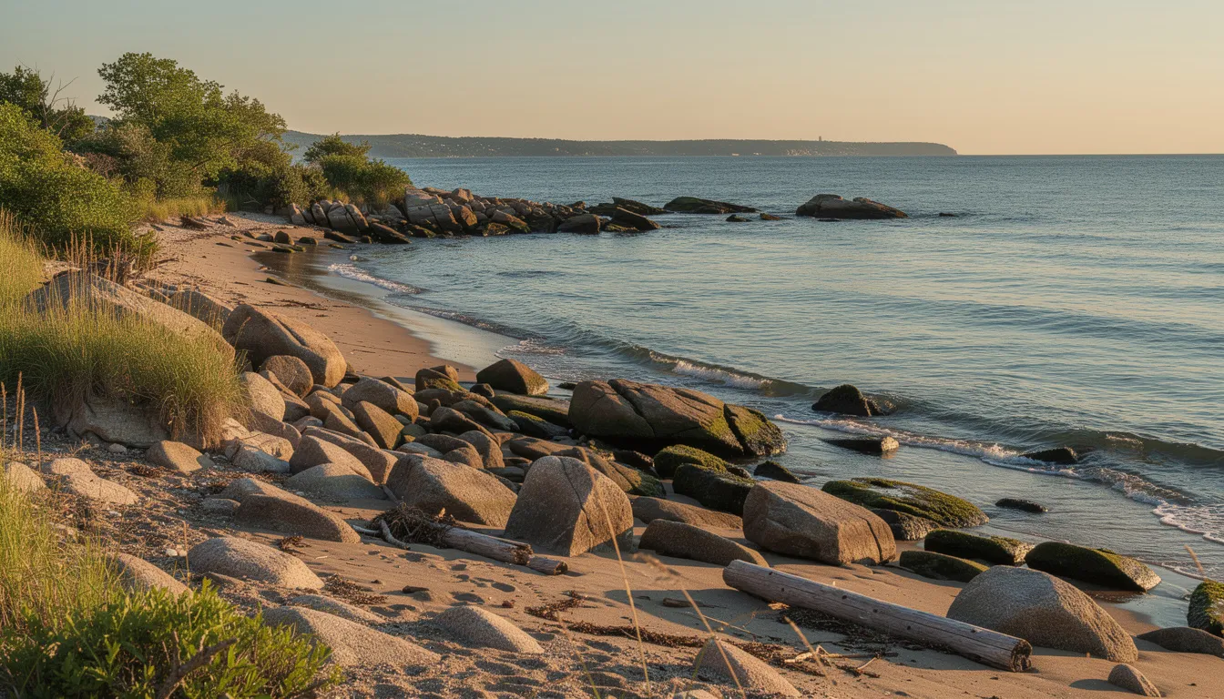 The image showcases a scenic view of the Connecticut coastline, featuring the tranquil waters of Long Island Sound and rocky beaches that embody the small town charm of the shoreline. This picturesque landscape captures the essence of New England living, where communities are nestled along the coastline, offering easy access to waterfront activities and a vibrant lifestyle.