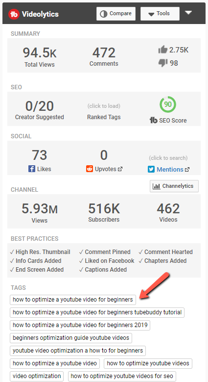 Tubebuddy analytics data screen