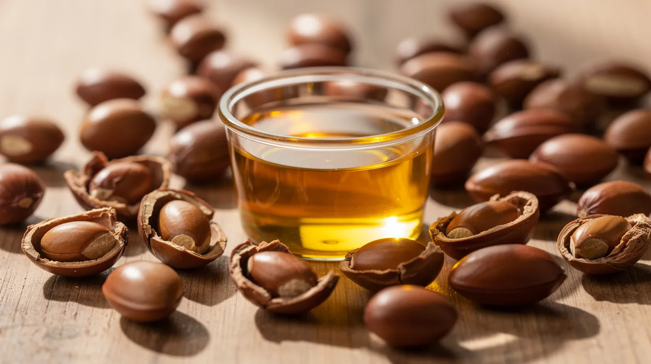A close-up image features argan nuts alongside a small glass container filled with golden argan oil, highlighting its nourishing properties for hair care. This natural oil is known for promoting hair growth and improving scalp health, making it an essential part of a hair care routine.